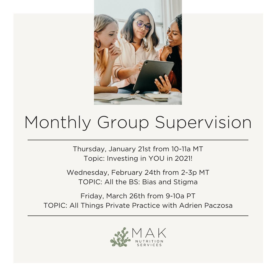 Each month I do a thing!  If you are looking for small group supervision with topic discussion, case review and collaboration, let me know 🤗
Link in bio for more info. 

#MAKrd
#supervision #RD #RD2Be #selfcare #growth #development #community #netwo