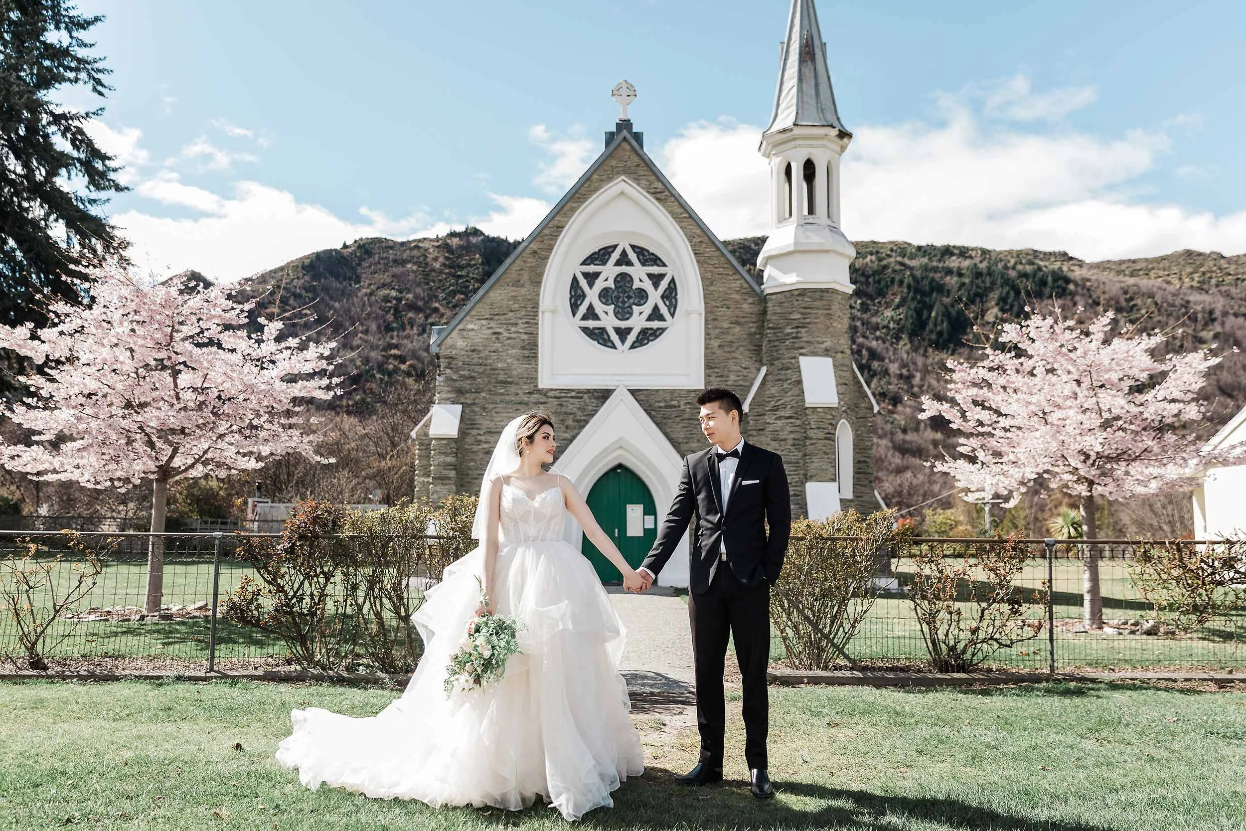 Arrowtown Cherry Blossom Church Wedding Photo