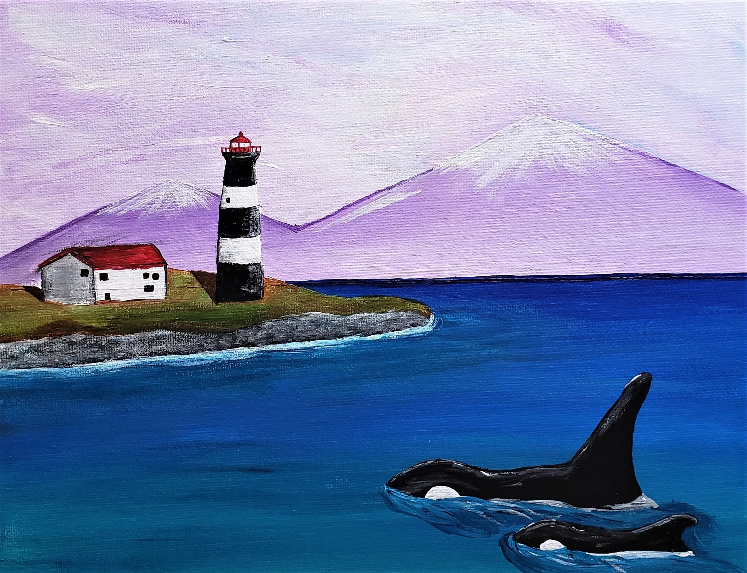 Orcas at Race Rocks Lighthouse - acrylic on canvas