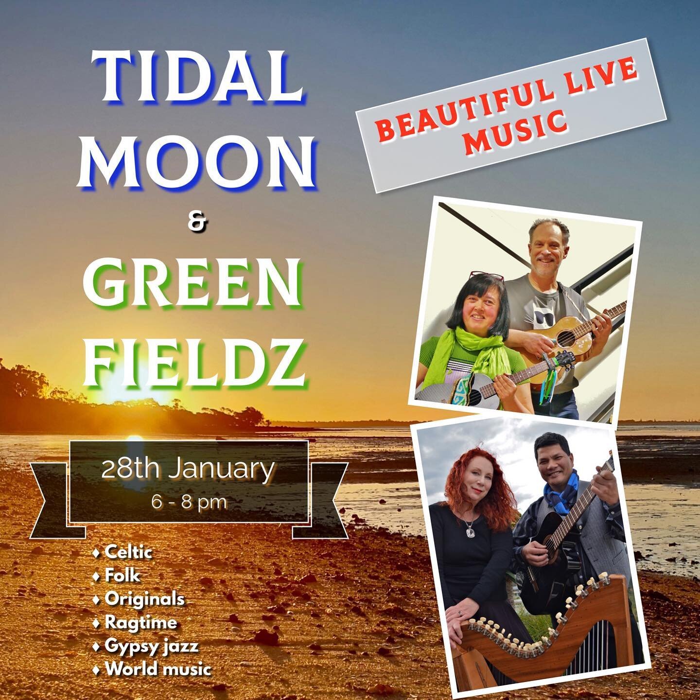 Come and join us! Beautiful live music event on Coochiemudlo Island, 26 January 2023, 6-8 pm. Superb music by Tidal Moon and Green Fieldz at outdoor ampitheatre, close to ferry terminal. Tickets available at the door or online. trybooking.com/CESTU