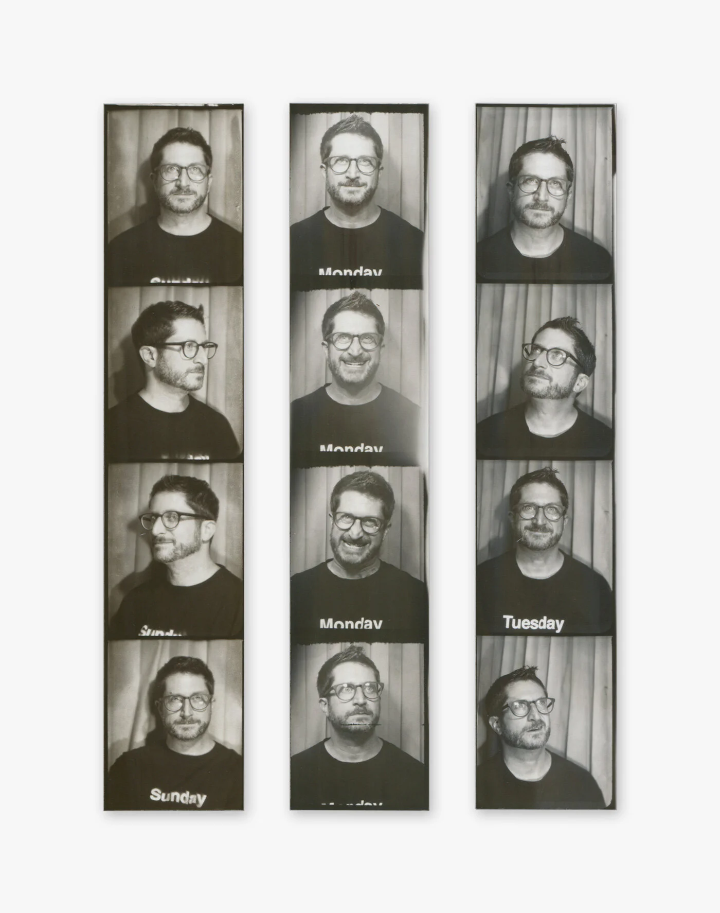 Self-Portrait Photo Booth: Amsterdam, Netherlands September 1, 2, 3, 2019 200mm x 40mm (Approximate Dimensions) Analog Photo Booth Print Amsterdam, Netherlands Left to right: 2019.09.01.14.00.00@Pllek, NDSM, Amsterdam, The Netherlands T.T. Neveritaweg 59 1033 WB Amsterdam 2019.09.02.14.00.00@Hutspot, PIJP, Amsterdam, The Netherlands Van Woustraat 4 1073 LL Amsterdam Netherlands 2019.09.03.14.00.00_@The Hoxton, Negen Straatjes, Amsterdam, The Netherlands Herengracht 255 1016 BJ Amsterdam Netherlands © David Greg Harth