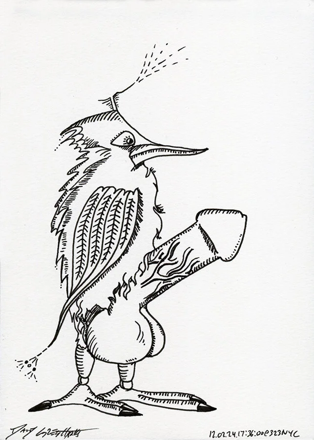 Cock Drawing #CD120224173600 Ink on paper 177.8mm x 127mm / 7”x5” April 2, 2012 New York City © David Greg Harth