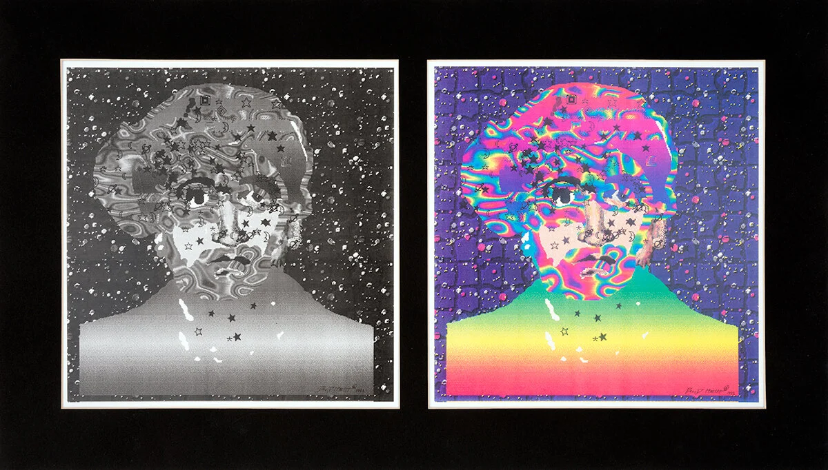 Self-Portrait: Night &amp; Day 1993 Two works sized 587.375mm x 574.675mm / 23.125" x 22.625" within matted frame of a larger dimension. Cannon Color Fiery Print New City, New York 93.04.05.20:00:00@NewCityNY ©&nbsp;David Greg Harth