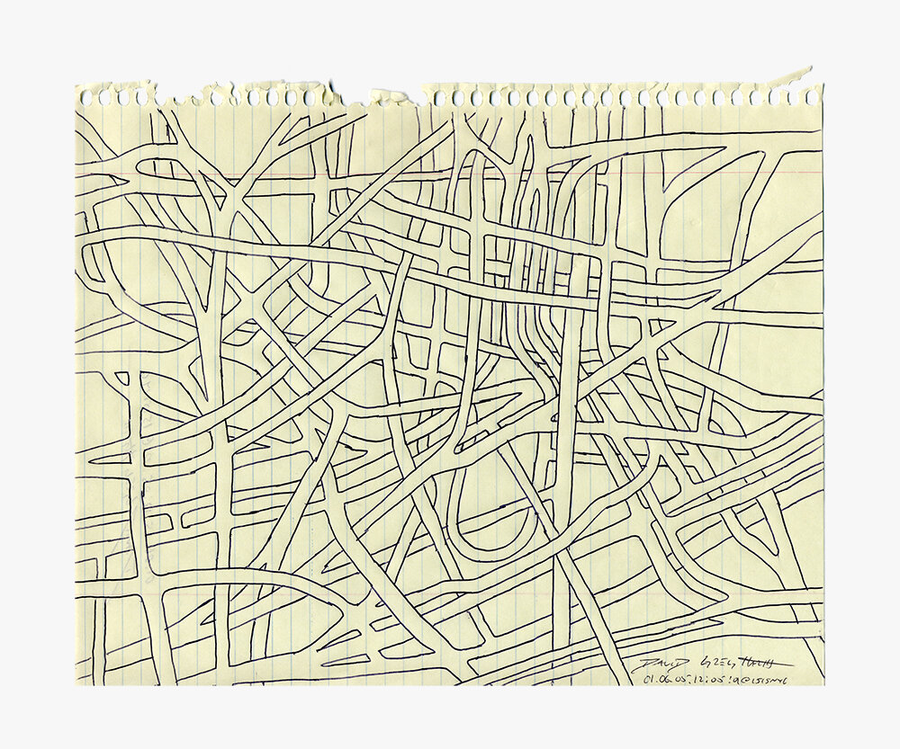 Thinkways #010605120501  Ink on notebook paper  203.2mm x 254mm / 8” x 10”  June 5, 2001  New York, New York  010605120501@1515NYC  © David Greg Harth