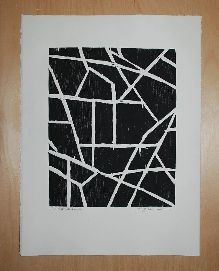 Thinkways #080218204000 Woodcut, Ink on Arches Cover Paper Paper: 381mm x 285.75 mm / 15" x 11.25" Image: 250.825mm x 200.025mm / 9.875" x 7.875" February 18, 2008 New York, New York 08.02.18.20:40:00@LESPNYC © David Greg Harth