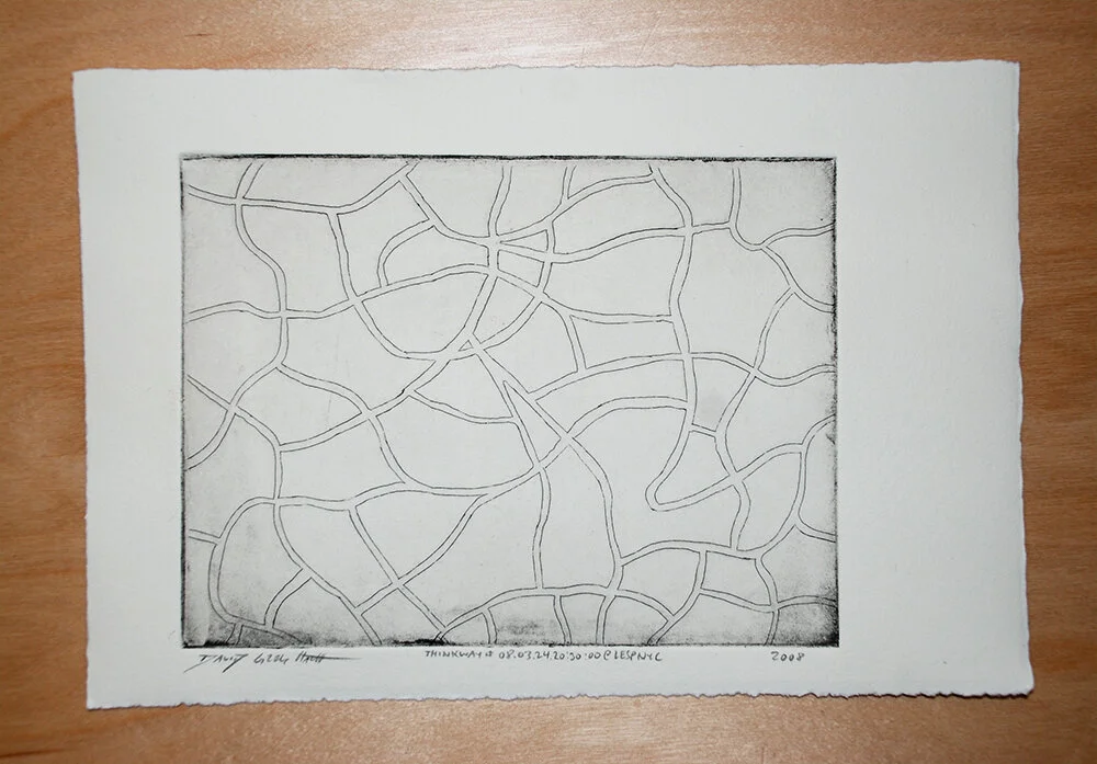 Thinkways #080324203000 Copper Etching, Graphic Chemical Ink on Hahnemühle Paper Paper: 190.5mm x 285.75mm / 7.5” x 11.25” Image: 149.22mm x 200.02mm / 5.875” x 7.875” March 24, 2008 New York, New York 8.03.24.20:30:00@LESPNYC © David Greg Harth