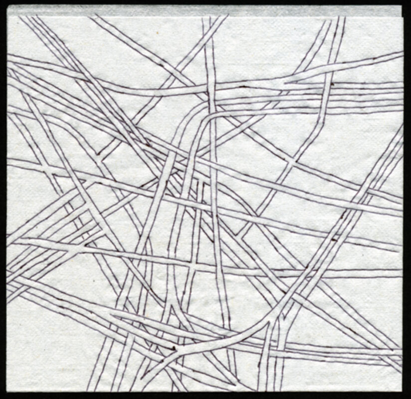 Thinkways #100811211900 Ink on Napkin 12.38cm x 12.38cm / 4.875” x 4.875” August 11, 2010 Brooklyn, New York 10.08.11.21:19:00@130BklynNYC © David Greg Harth