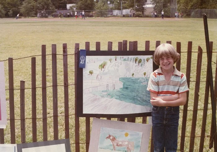Photograph of the artist next to “Untitled (Dockside Harbor)” where he won first prize. 1981 New York © David Greg Harth