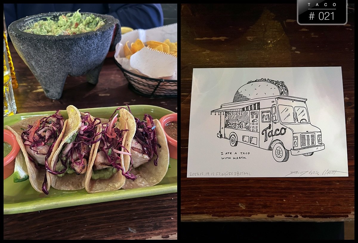 &mdash;
&ldquo;I ate a taco with Harth.&rdquo;
Taco #021
With Brad Cohen @brad_newyork
Location: Mad Dog &amp; Beans Mexican Cantina, Midtown East, NYC
Date: 23.12.19.12.57.00@5E38StNYC

Do you want to have a taco with Harth? You have a taco. I have 