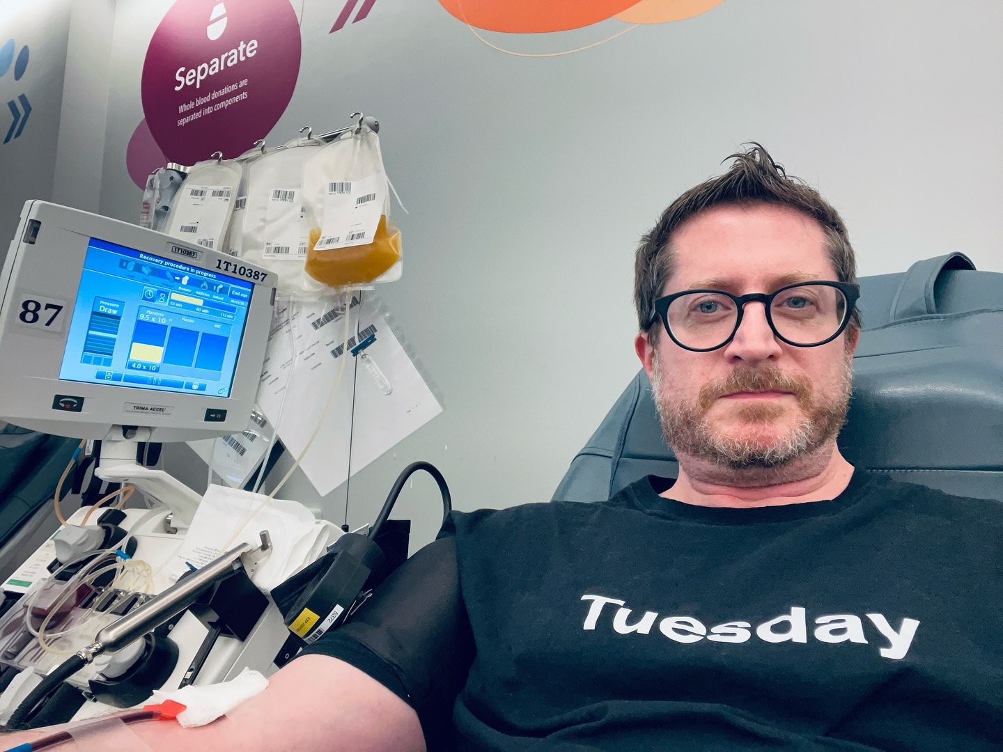 Today is Tuesday. Here I am in my Tuesday shirt. Donating platelets. Saving lives. #art #davidgregharth #harth #tuesday #dayoftheweek #dotw #platelets #plateletdonor #donateplatelets #givebloodnyc #giveblood #nybloodcenter #newyorkbloodcenter @newyor