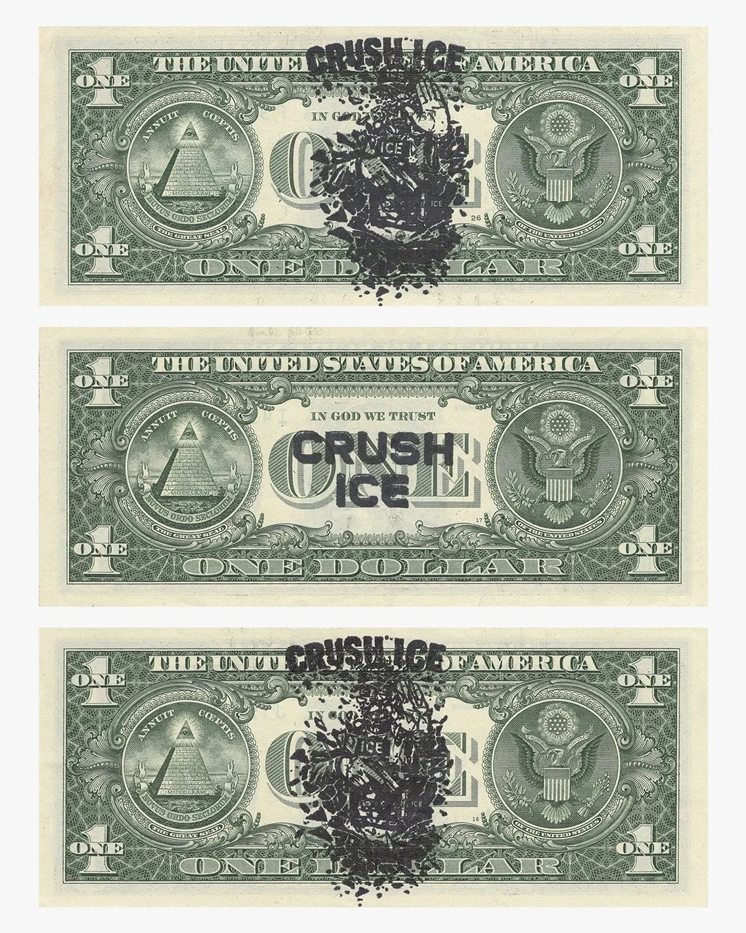 &mdash;
CRUSH ICE
&mdash;
CRUSH ICE
[3 Unique Designs]
2/16/2026
66mm x 156mm
Ink on a USA Currency Note
Unlimited Edition circulated, traded, and spent at face value. (Not signed)
26.02.16.09:00:00@BklynNYC
&copy; David Greg Harth
&nbsp;
Released U.