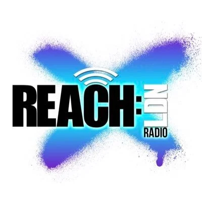 Radio host with microphone and headphones promoting Reach LDN radio show. Text includes "Jenni Steele," show time "15:00-16:00 Mondays," and guest details "Bring Your Therapist to Work!"