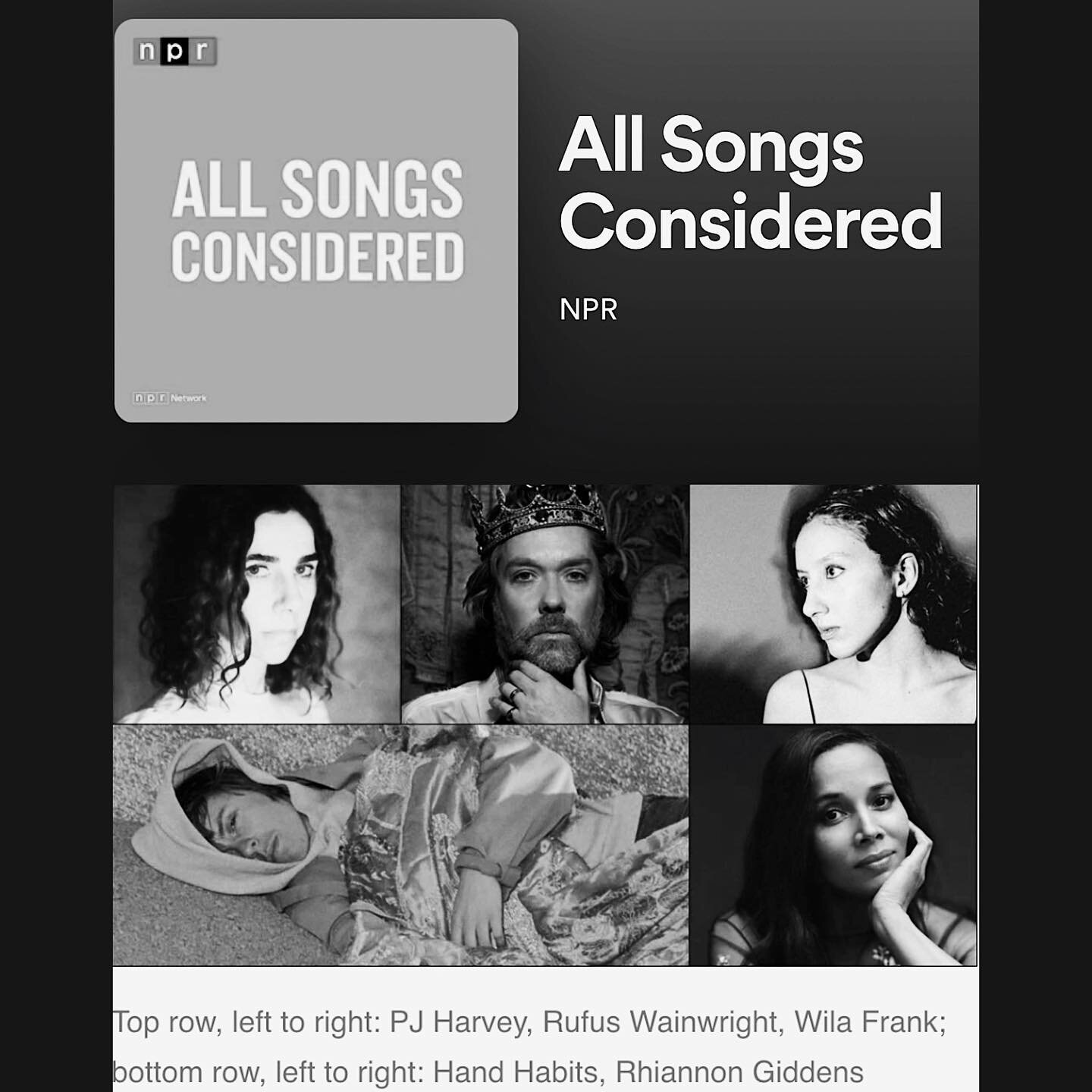 Honored to have &lsquo;Tonight&rsquo; featured on NPR&rsquo;s All Songs Considered podcast alongside one of my heroes @pjharveyofficial as well as legend @rufuswainwright @hand.habits and @rhiannongiddens 🖤🖤🖤 Thank you thank you! @nprmusic