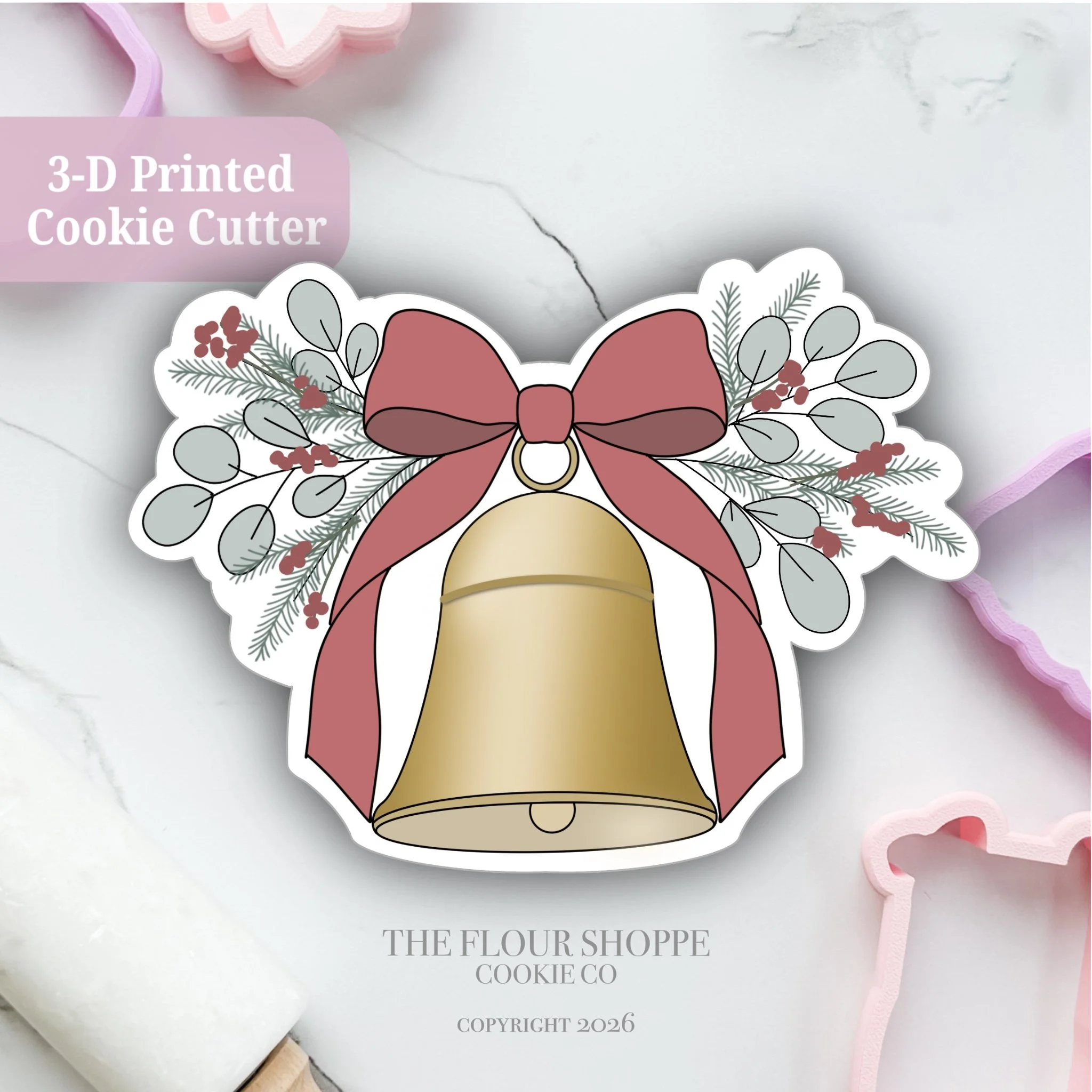 Bell 2 with Greenery, Christmas Cookie Cutter STL