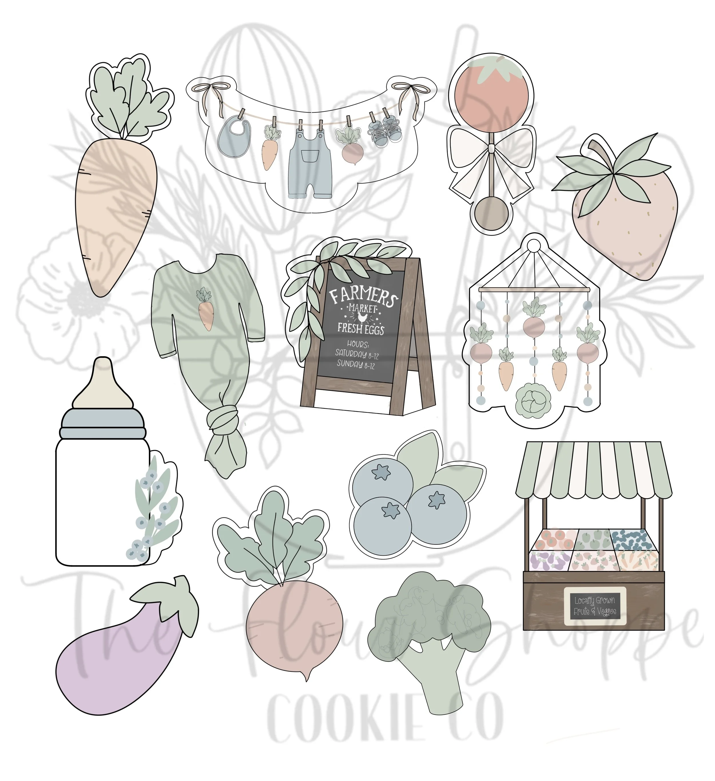 Locally Grown, Farmers Market Baby Shower Cookie Cutter STL Set