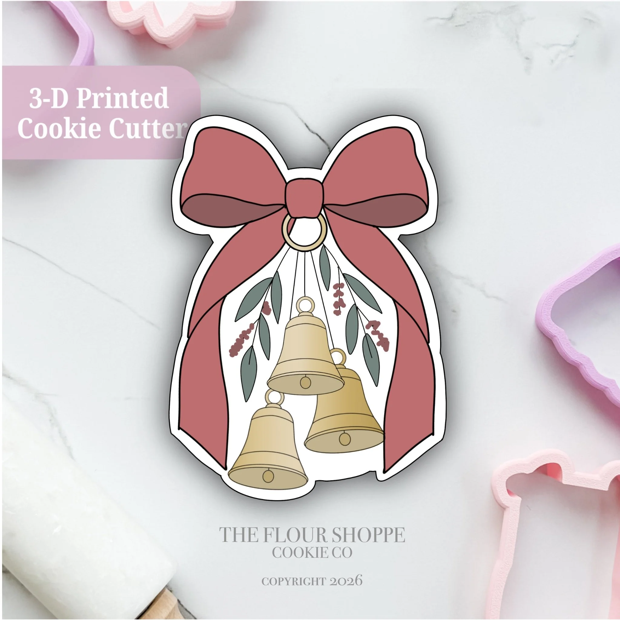 Bow with Bells 2, Christmas Cookie Cutter STL