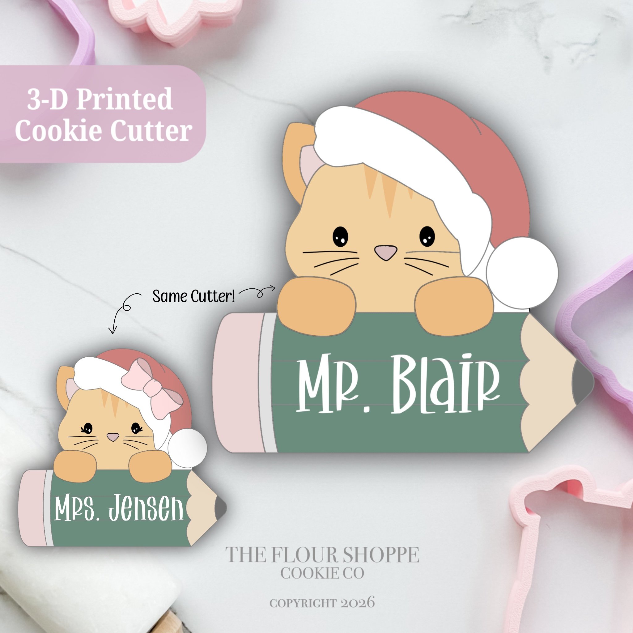 Santa Cat with Pencil, Personalized Cookie Cutter STL