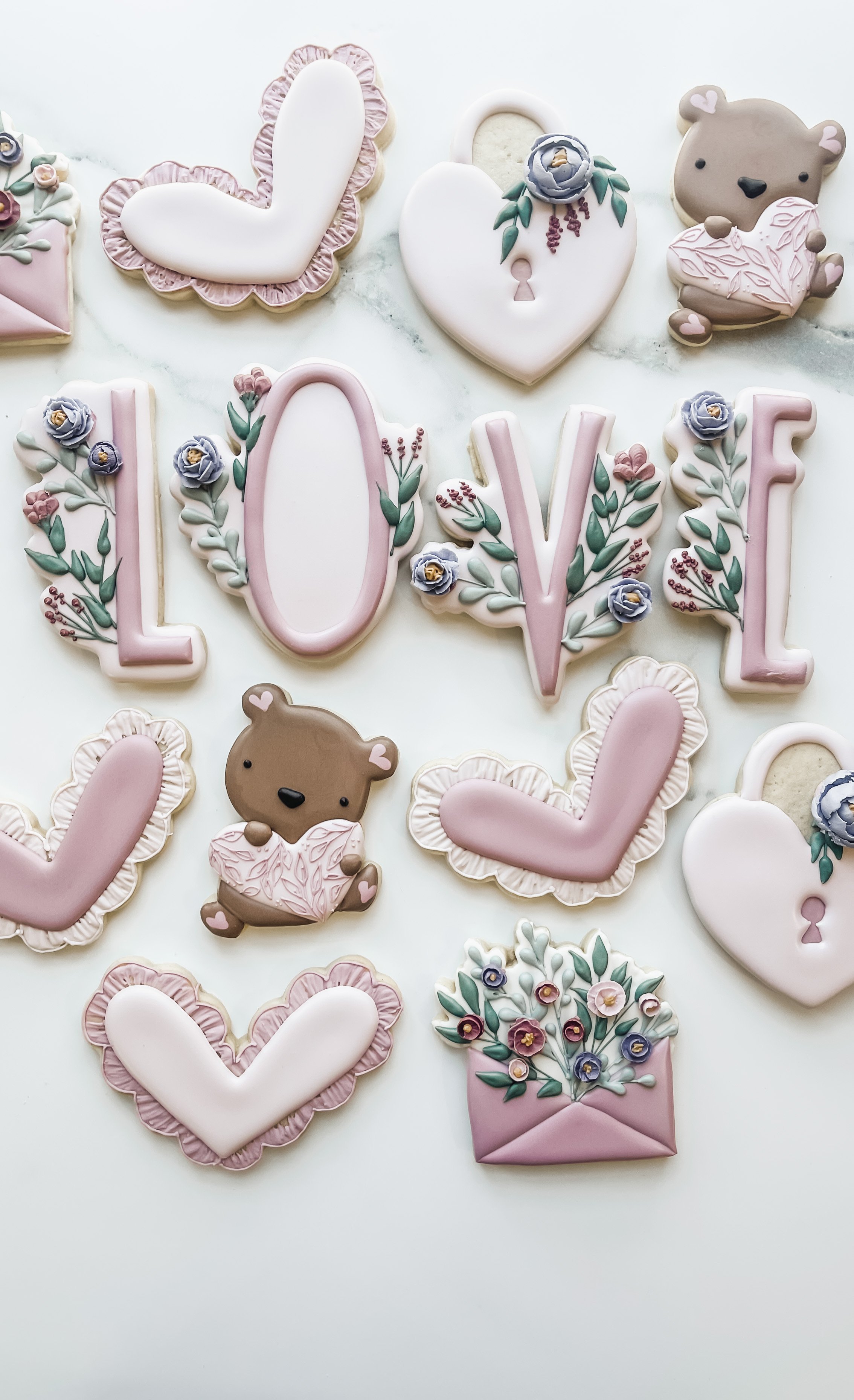 Love Mauve and Blush Floral pink Valentines day Heart royal icing cookies by the Flour Shoppe Cookie Co, Omaha Nebraska 