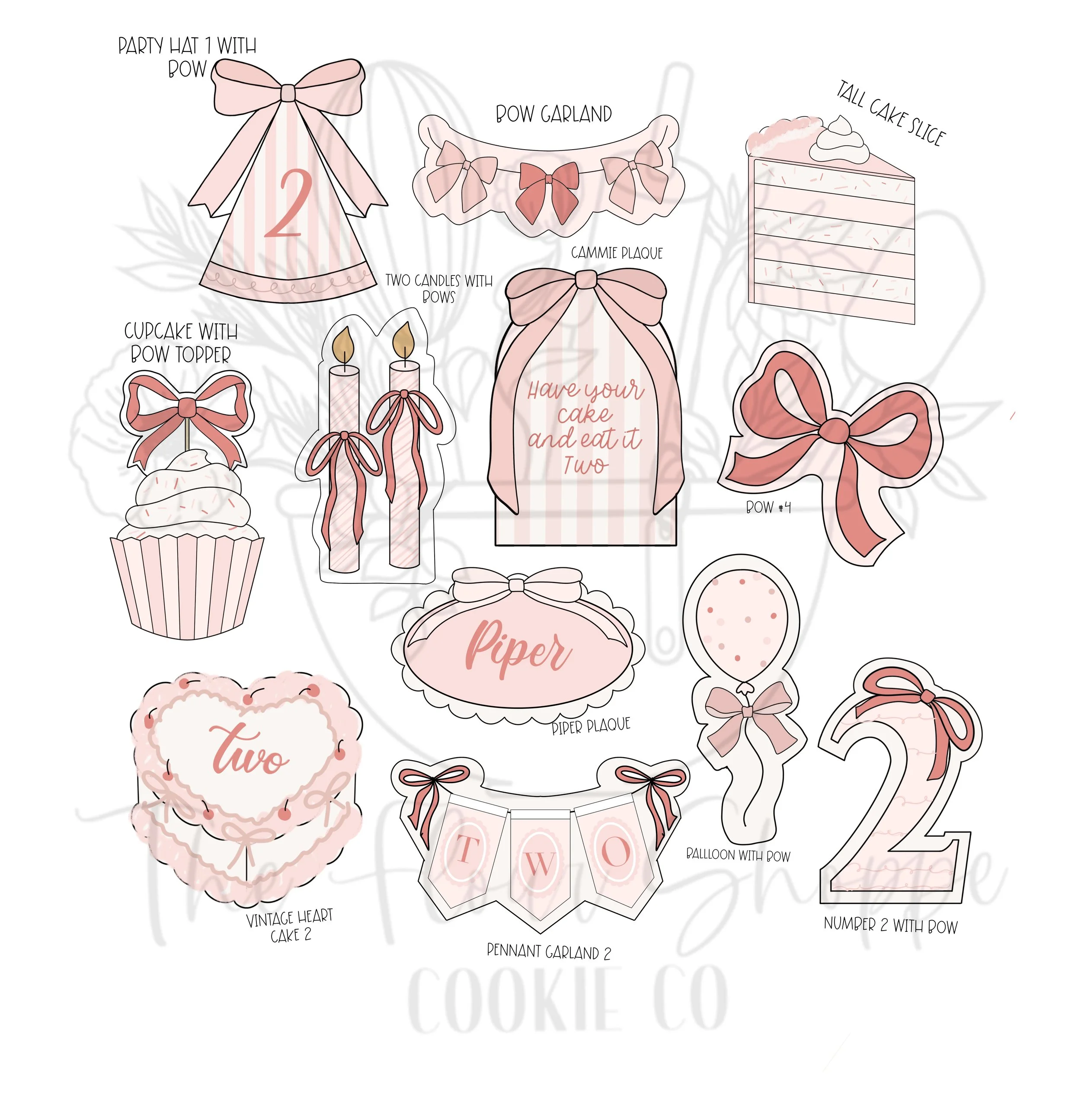 Have Your Cake and Eat it Two, Girly Bow Second Birthday Cookie Cutter STLS Set of 12