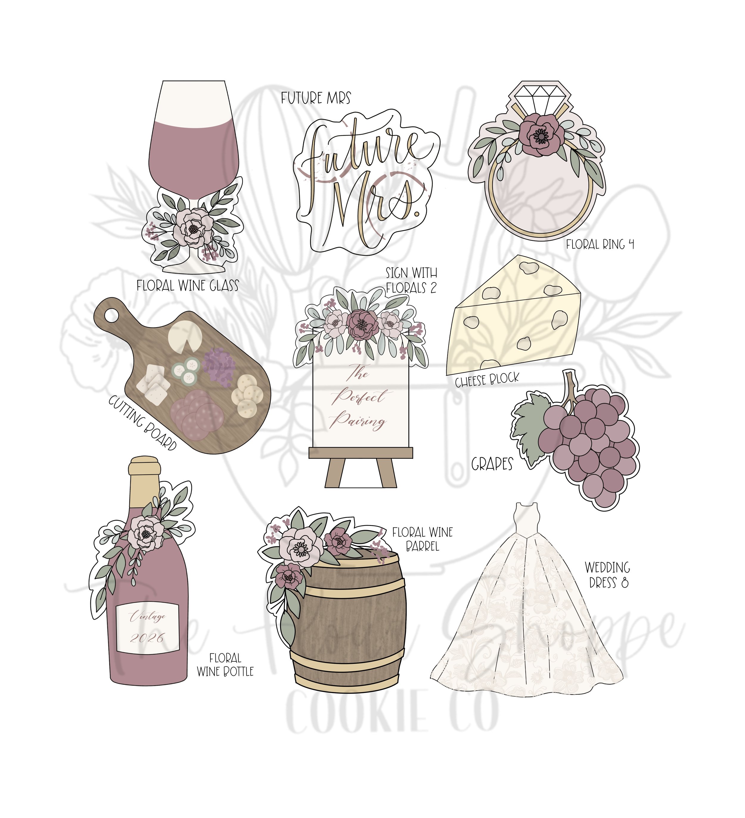 Vineyard Wedding, Wine and Charcuterie Bridal Shower Cookie Cutter Set STL