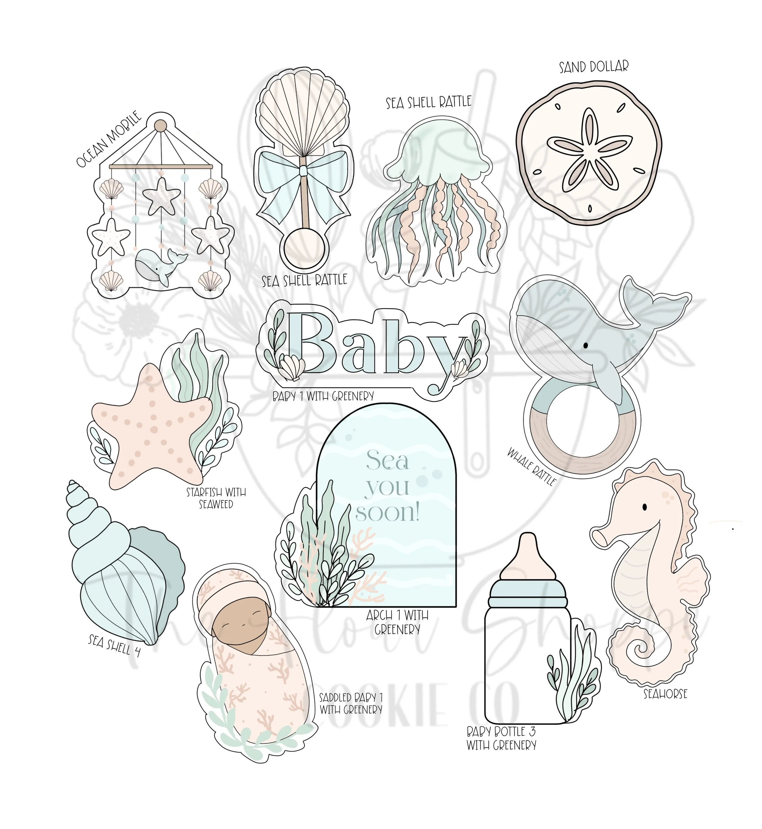 Under the Sea, Ocean Baby Shower Cookie Cutter STL Set of 12