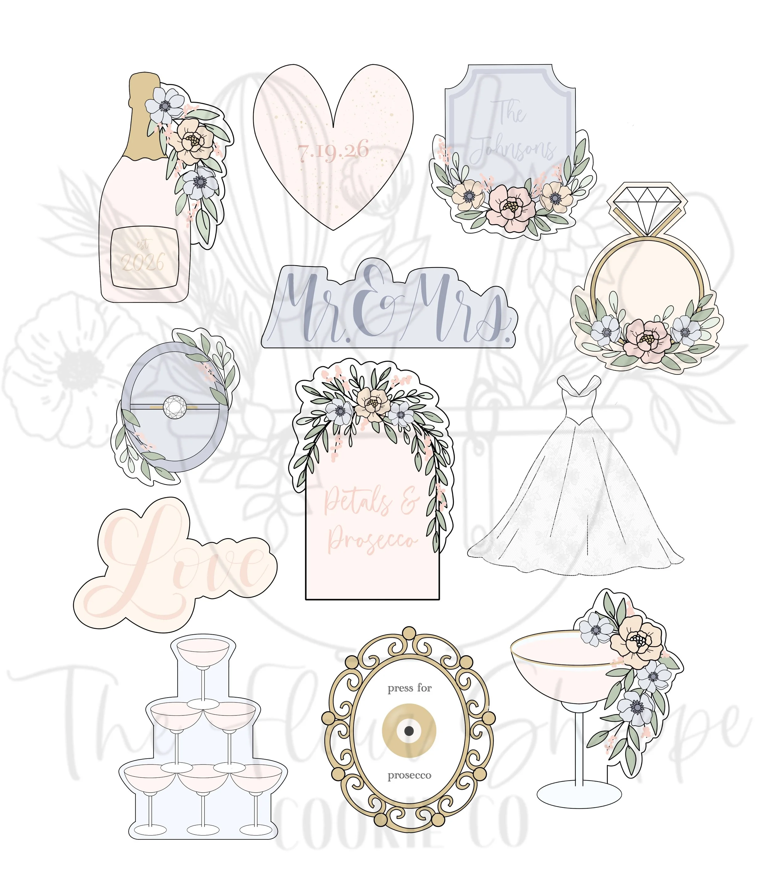 Petals and Proseccos Floral Wedding, Engagement Cookie Cutter Set STLs