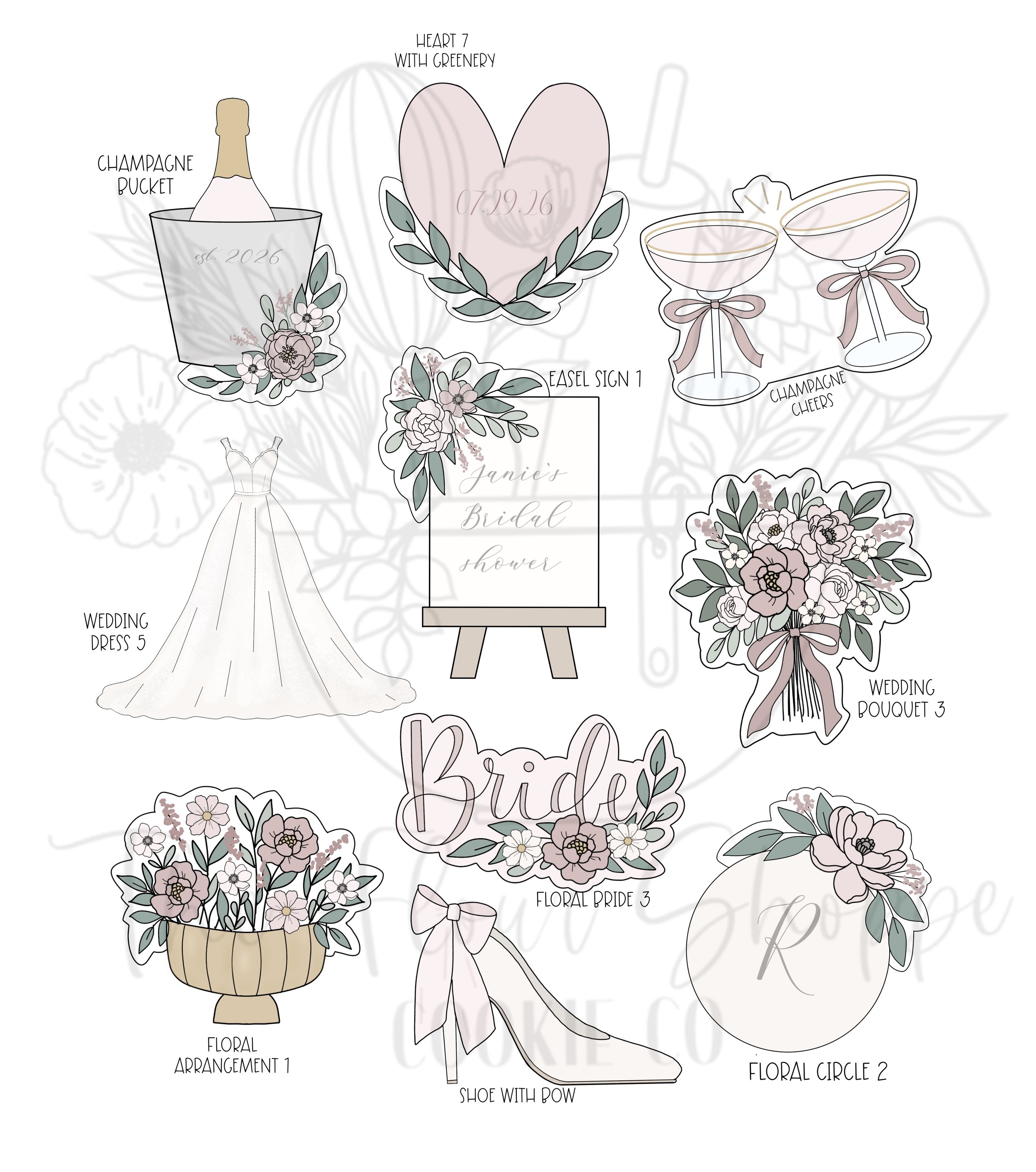 Blushing Bride, Floral Wedding, Bridal Shower, Engagement Cookie Cutter Set STLs (Copy)