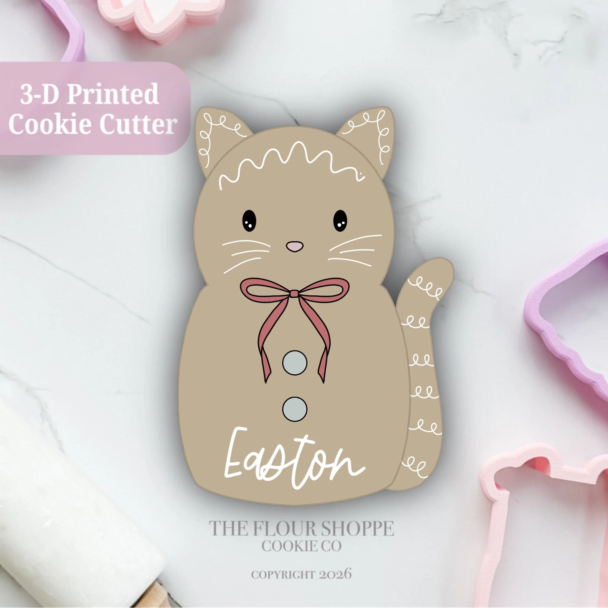 Round Gingerbread Cat, Winter/Christmas Personalized Cookie Cutter STL