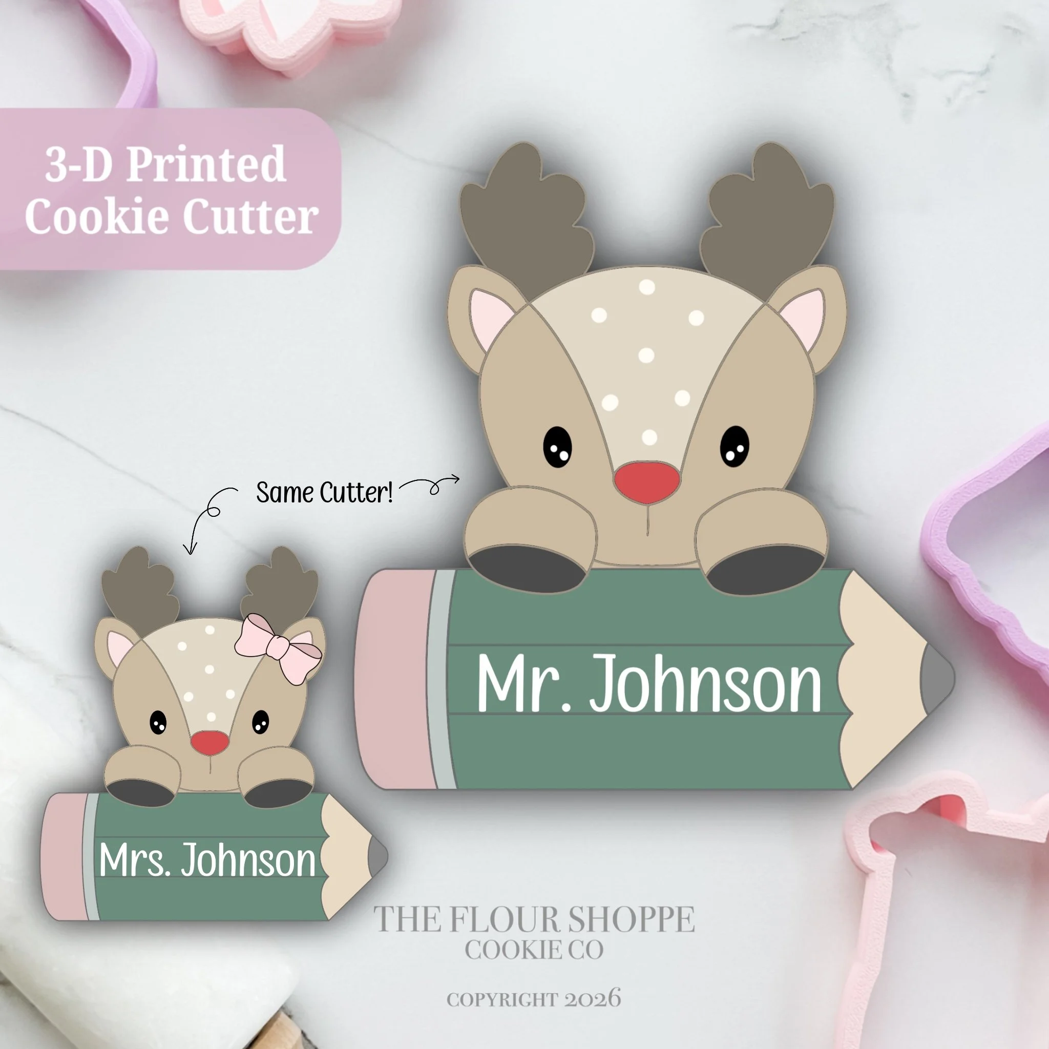 Reindeer Pencil, Personalized Cookie Cutter STL
