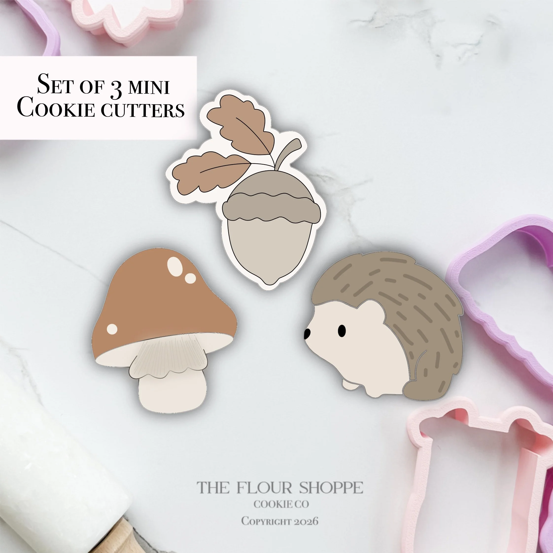 Woodland Mini Set of 3: Mushroom, hedgehog, and Acorn Cookie Cutter STL