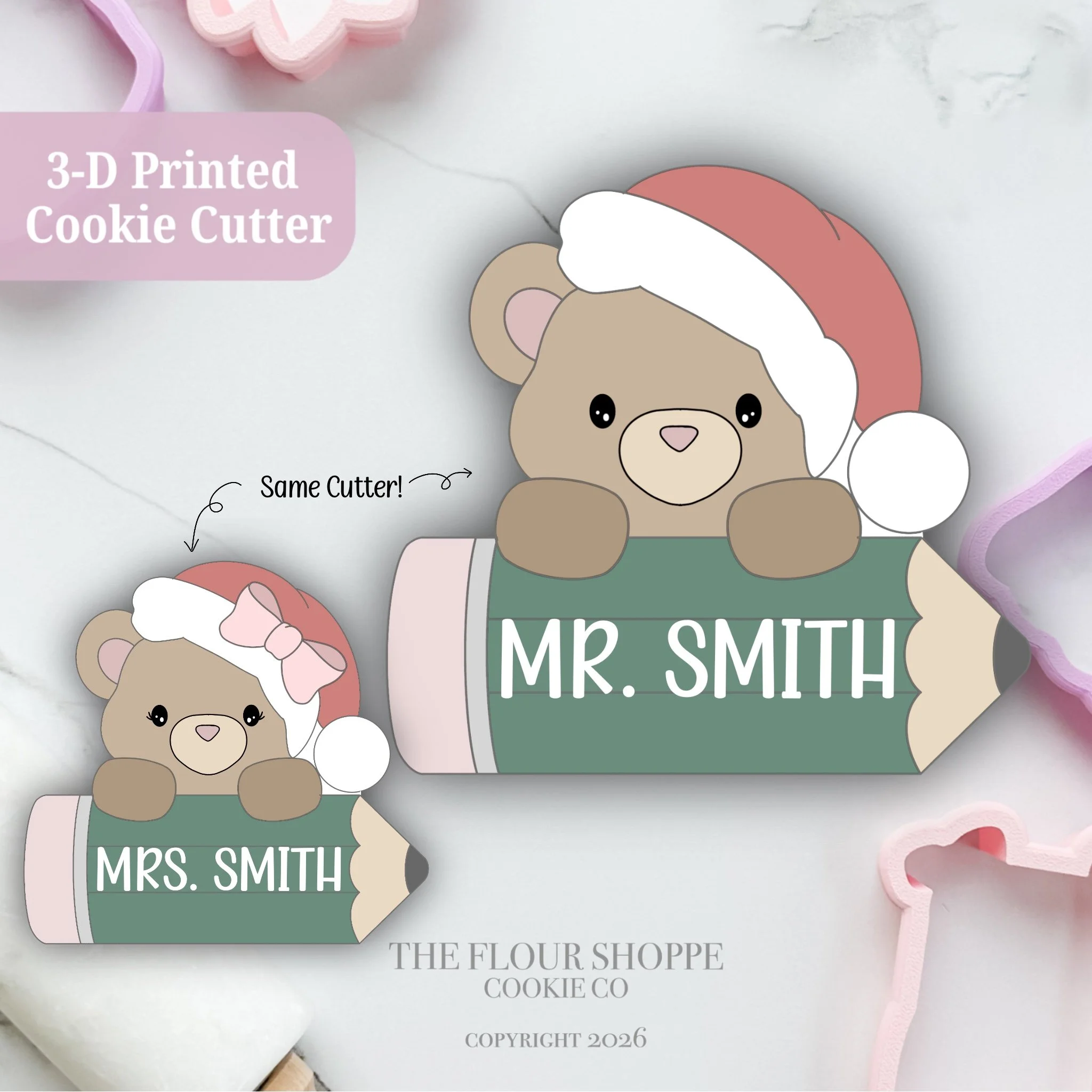 Santa Bear with Pencil, Personalized Cookie Cutter STL