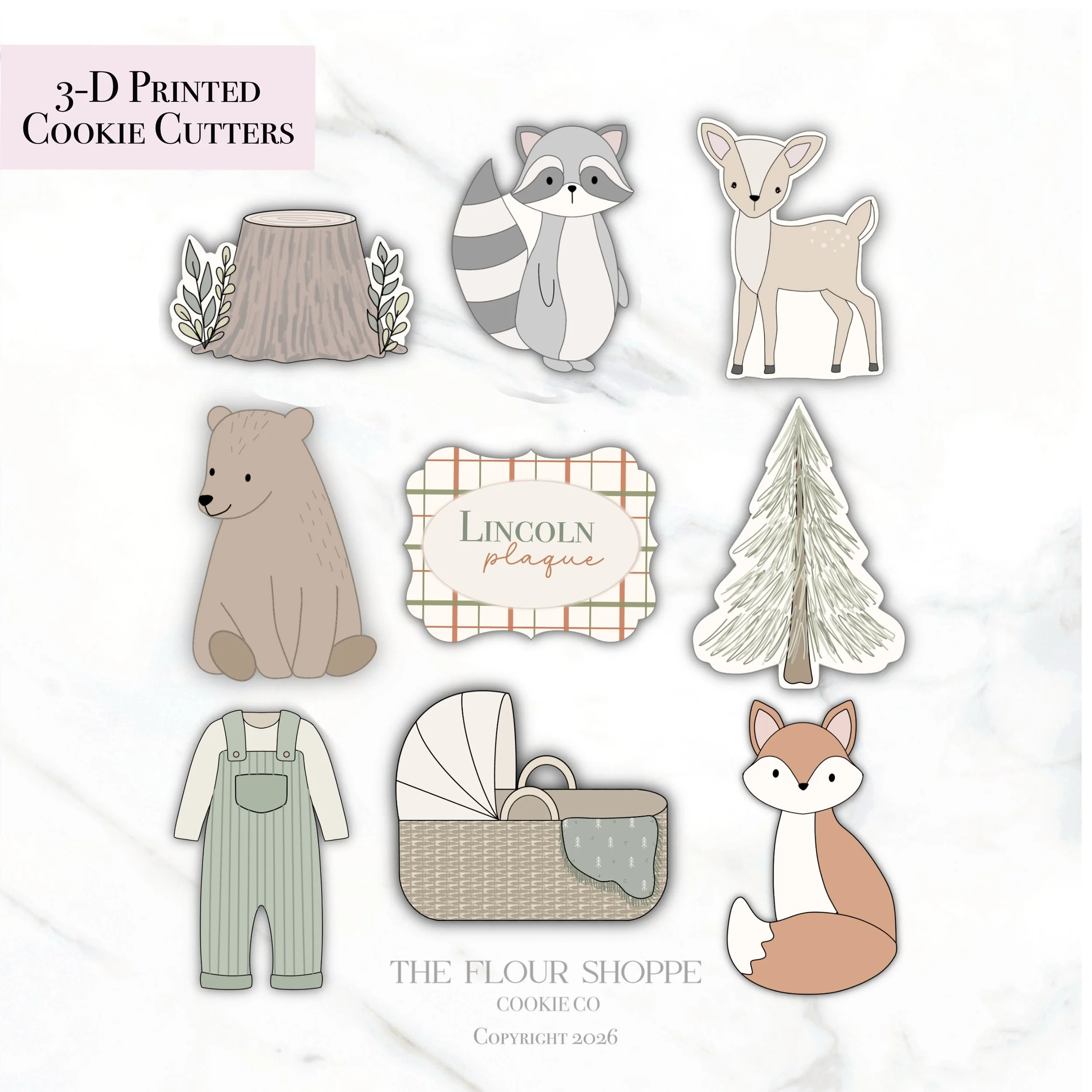 Woodland Animals Baby Shower Cookie Cutter STL Set, Forest Animal, Raccoon, Deer, Fox, Bear