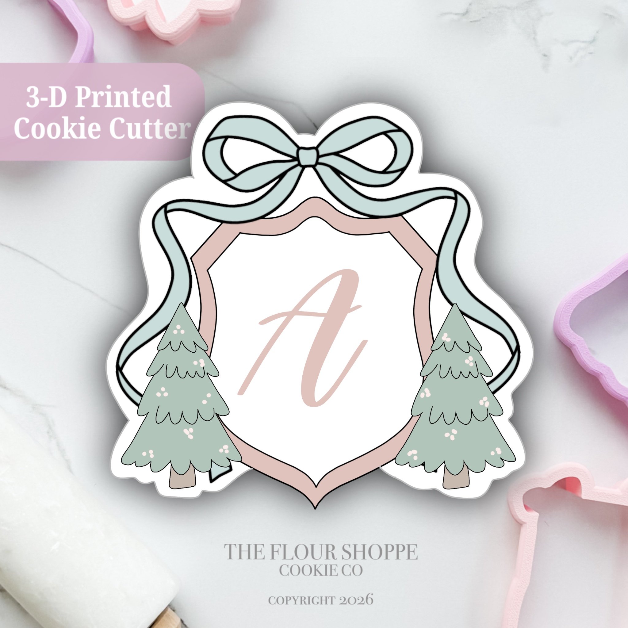 Christmas Crest, Crest with Bow and Christmas Trees Cookie Cutter STL