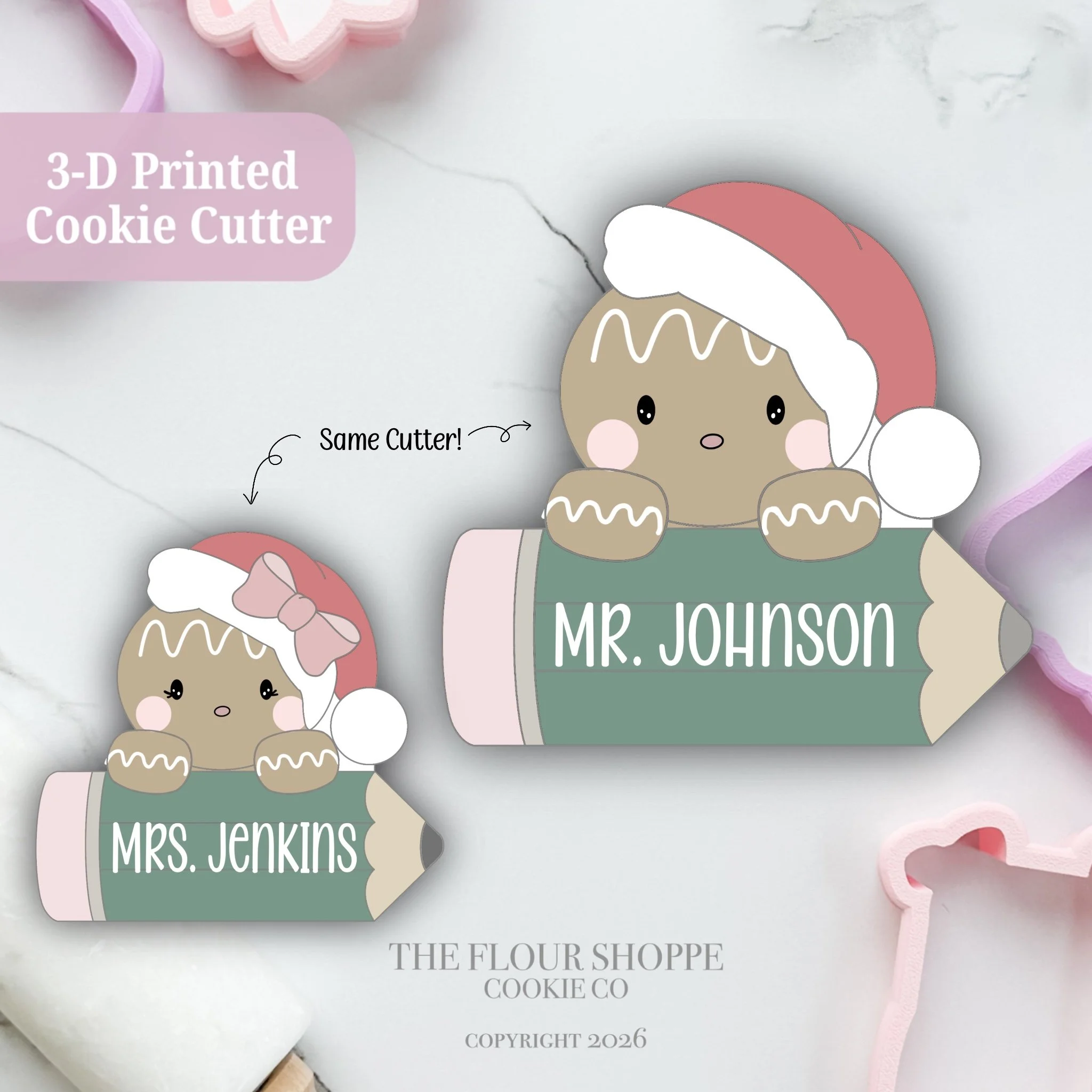 Santa Gingerbread with Pencil, Christmas Personalized Cookie Cutter STL