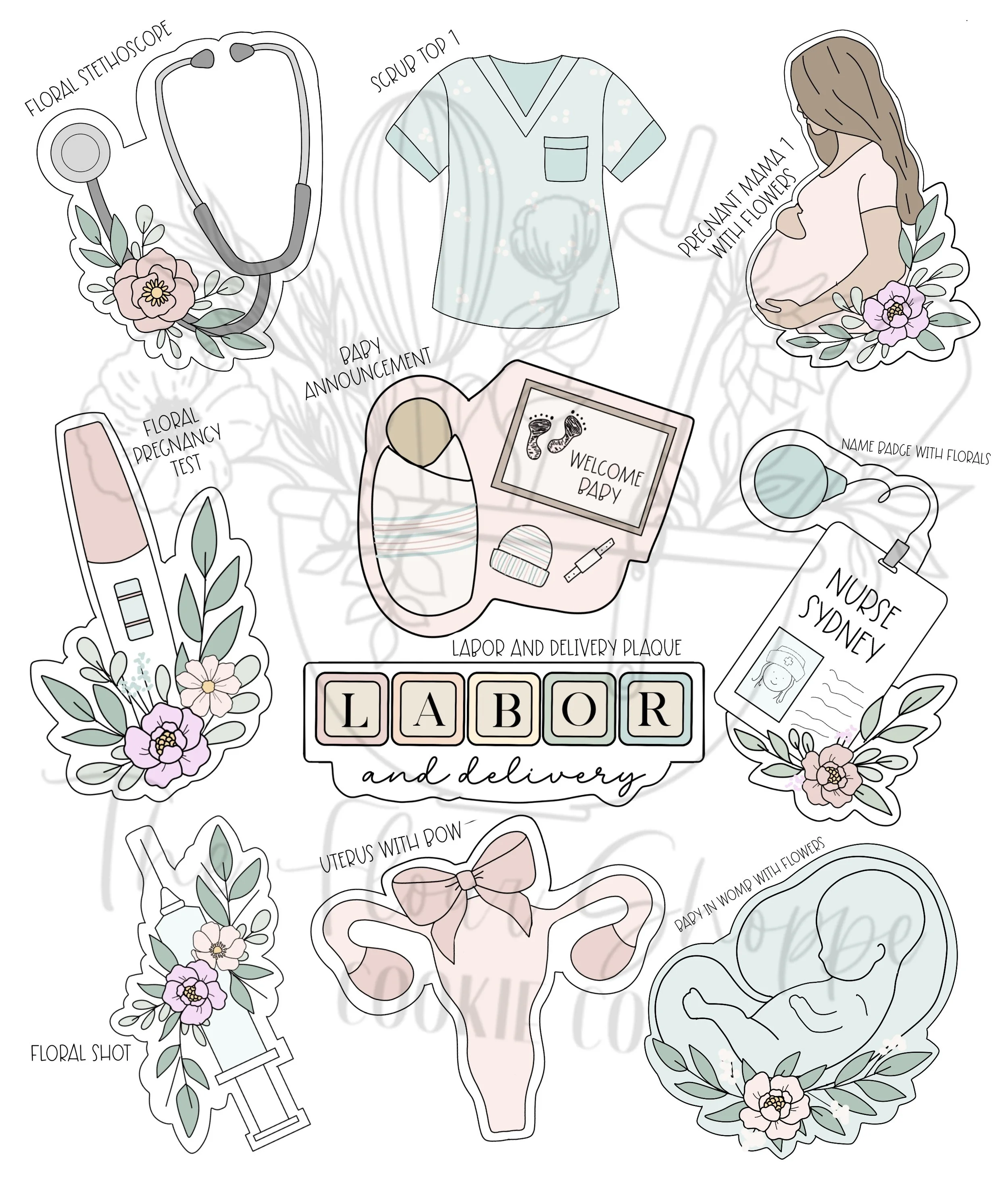 Labor and Delivery, Nurse and Baby, Pregnancy Floral Cookie Cutter Set STLS