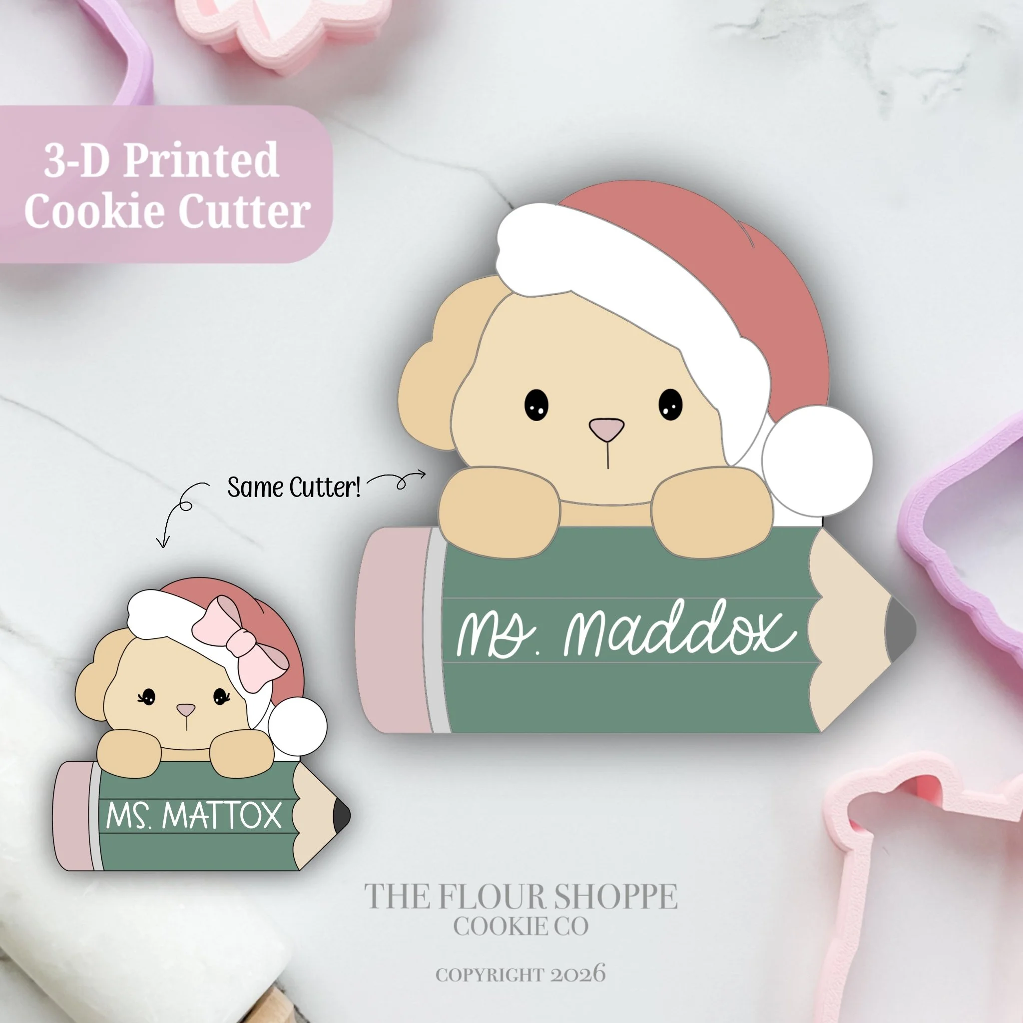 Santa Dog with Pencil, Personalized Cookie Cutter STL
