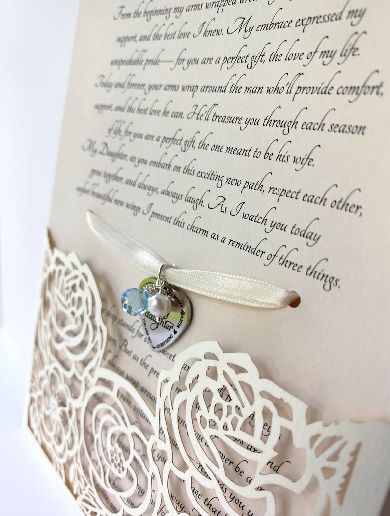 Silver Wedding Gown or Bouquet Charm: Gift for Daughter on Her Wedding Day (Off-White Envelope)