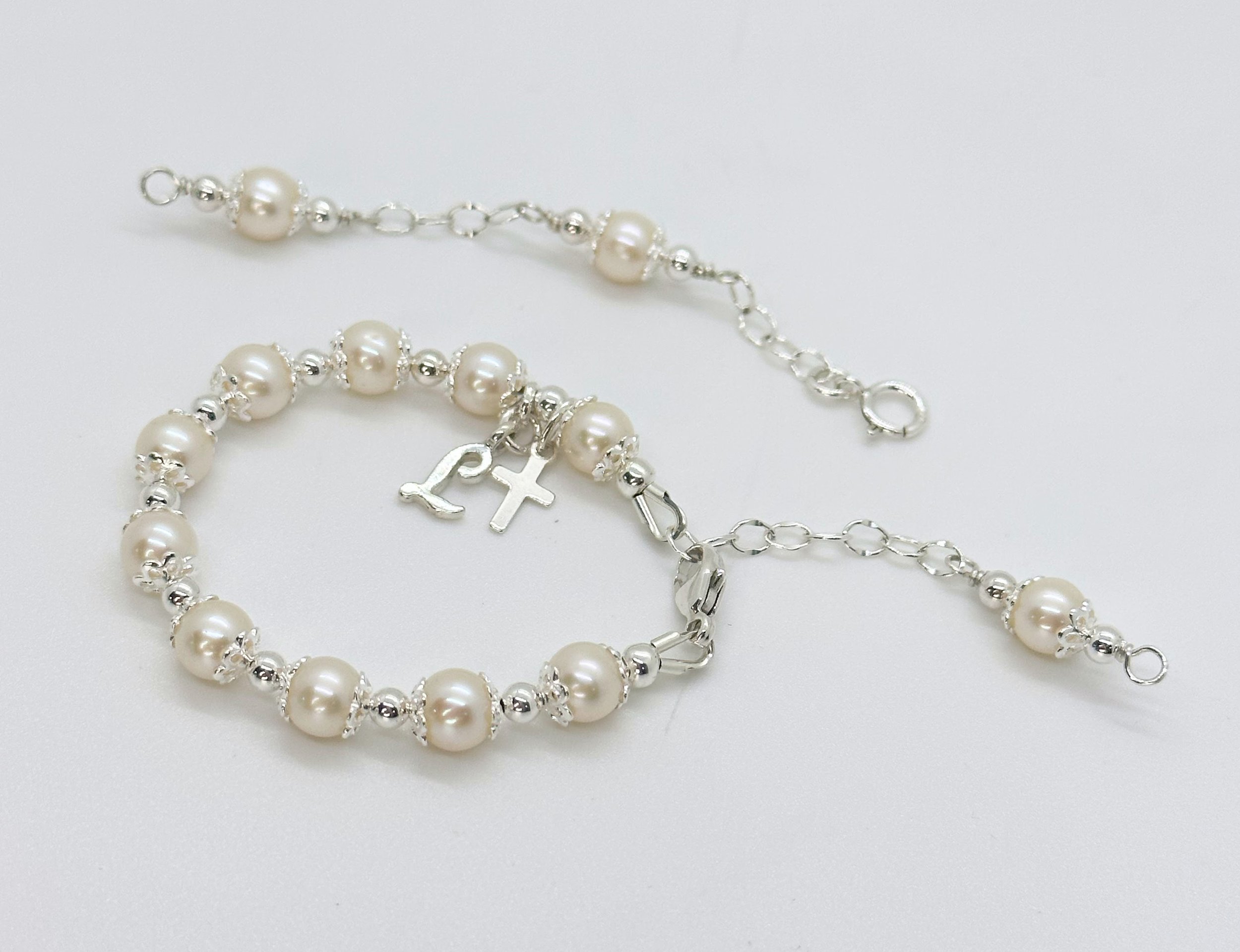 Little Blessing Baptism baby bracelet with white pearls and clear crystal  add sparkle to her big day! Charming Baptism jewelry for little girls.