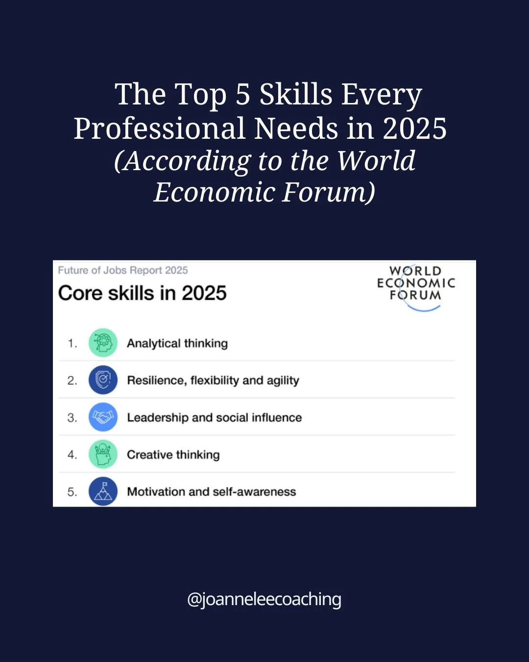 The skills every professional needs in 2025 (straight from the World Economic Forum). 🌍 

Save this so you know what to focus on 💾
Share it with a colleague who needs the reminder 📲 

Here&rsquo;s the reality: the workplace is changing faster than