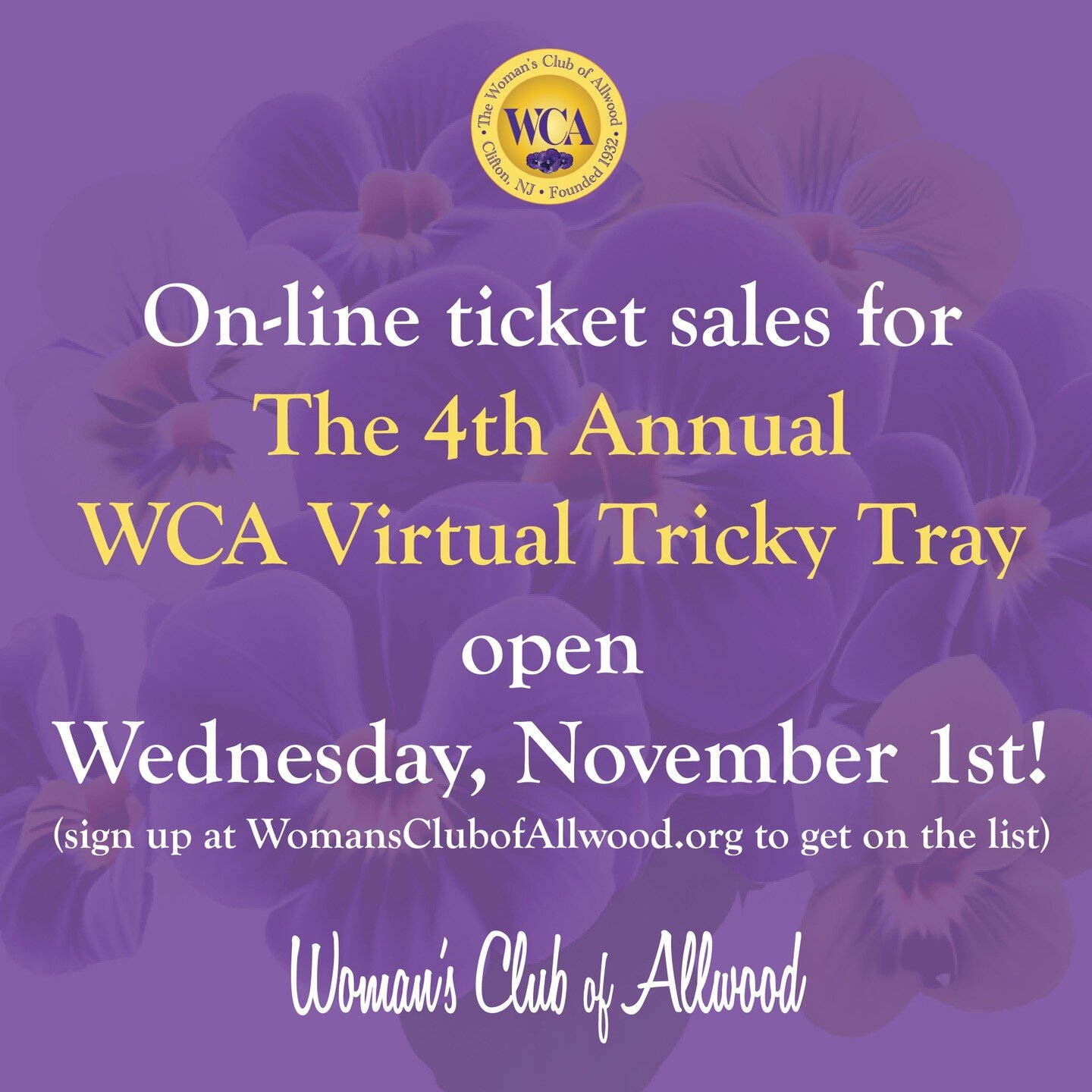 On-line ticket sales for The 4TH ANNUAL WCA VIRTUAL TRICKY TRAY open Wednesday, November 1st! 
🎁 ❤️ 🎁 ❤️ 🎁 ❤️ 🎁 ❤️ 🎁 ❤️ 🎁 ❤️ 🎁 ❤️ 🎁 
Sign up at WomansClubofAllwood.org to get on the list for news and updates! 
The Woman&rsquo;s Club of Allwoo