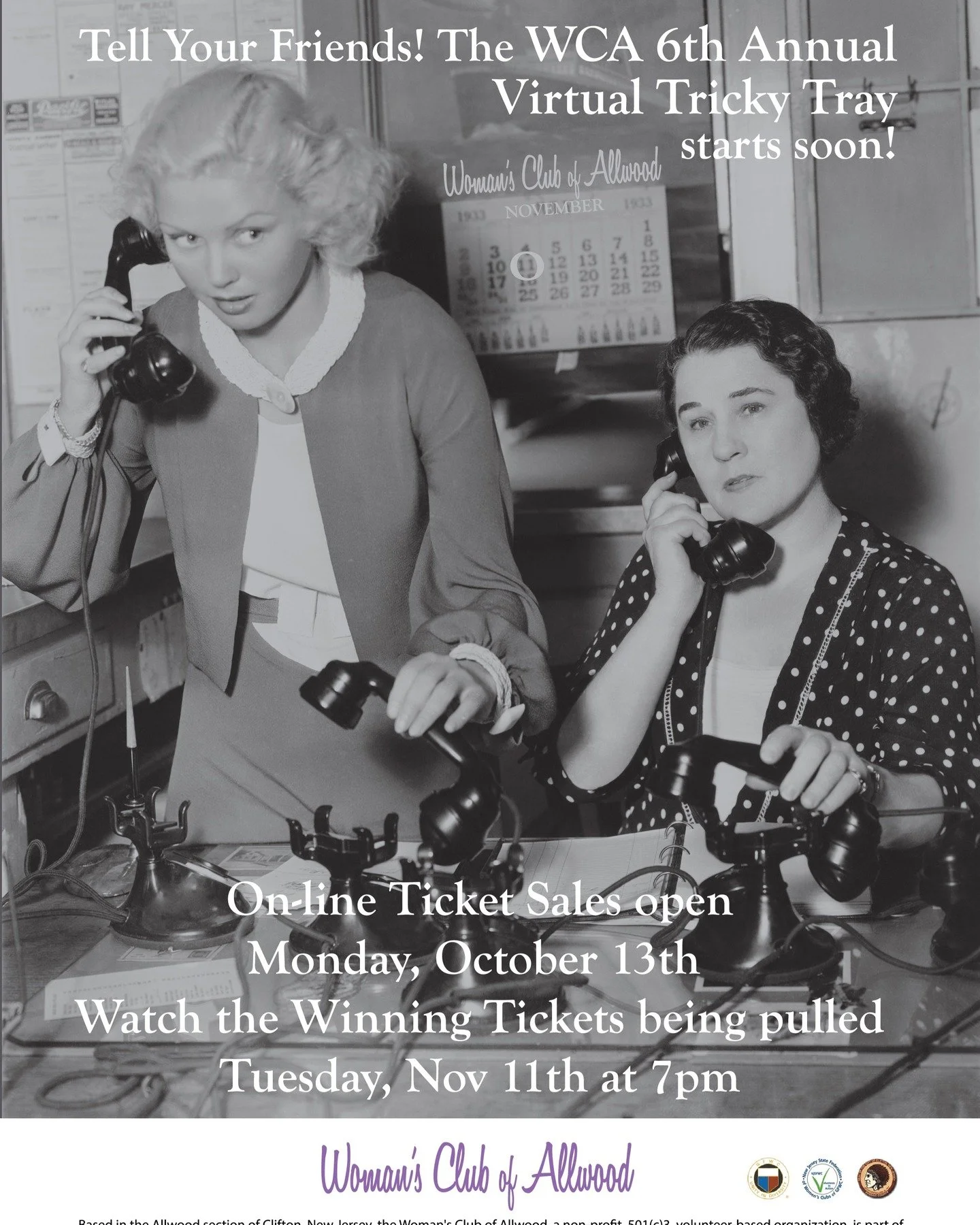 SAVE THE DATE! The 6th Annual WCA Virtual Tricky Tray is BACK! On-line ticket sales begin Monday, October 13th and run through Sunday, November 9th. The Virtual Ticket Pull is Tuesday, November 11th. Sign-up on womansclubofallwood.org for updates! #w