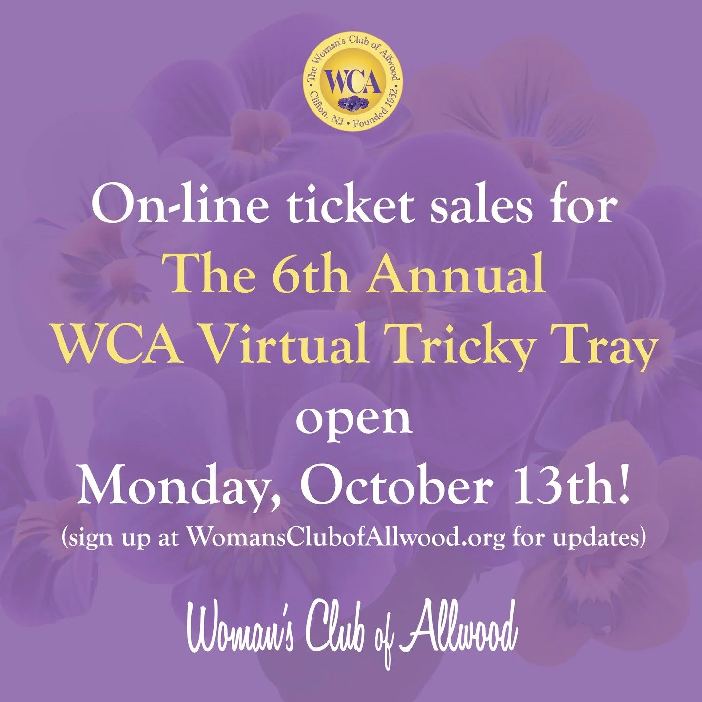On-line ticket sales for The 6TH ANNUAL WCA VIRTUAL TRICKY TRAY open Monday, October 13th! 
🎁 ❤️ 🎁 ❤️ 🎁 ❤️ 🎁 ❤️ 🎁 ❤️ 🎁 ❤️ 🎁 ❤️ 🎁 
Sign up at WomansClubofAllwood.org to get on the list for news and updates! 
The Woman&rsquo;s Club of Allwood i