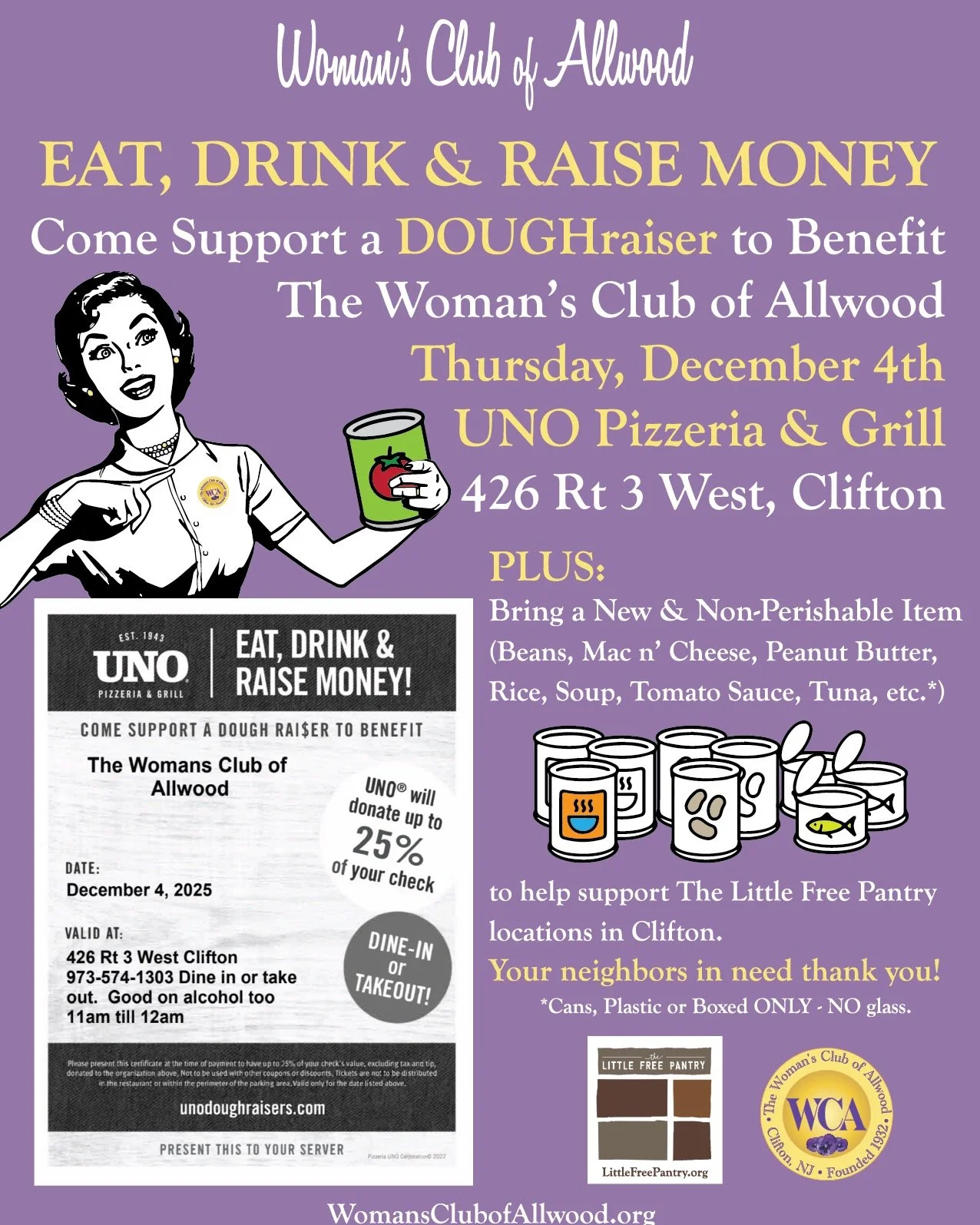 EAT DRINK &amp; RAISE $$$$ Come Support a DOUGHraiser to Benefit the WCA this THURSDAY, December 4th at @unospizzaclifton ALL DAY LONG! 

25% of your check including beverages and cocktails will be donated to support the WCA efforts for your local fo