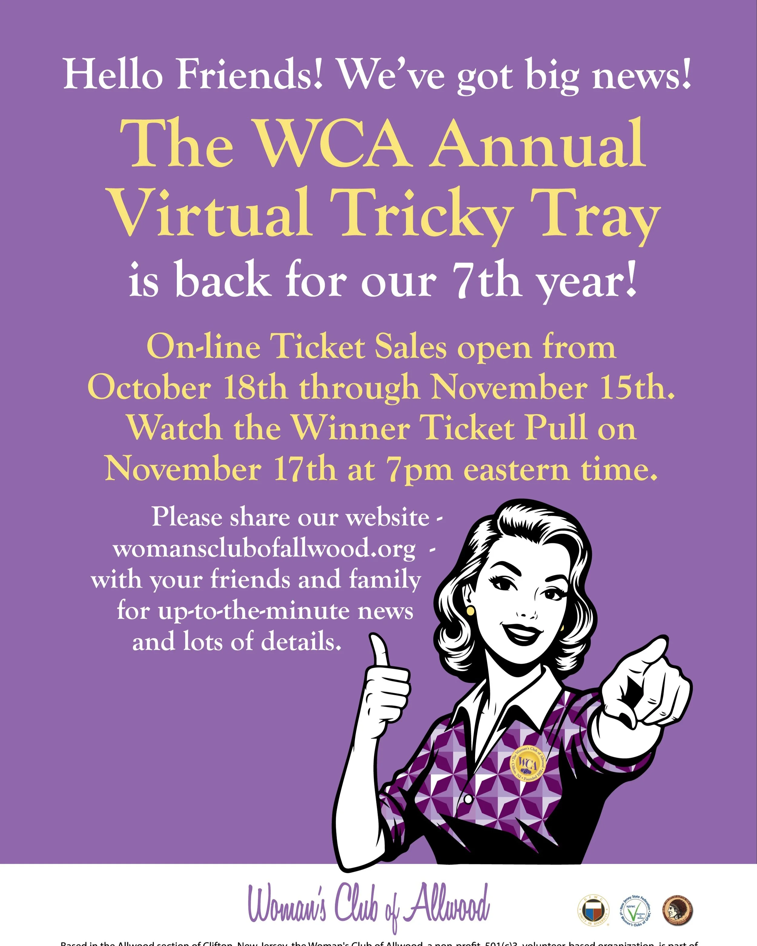 Hello Friends! We've got BIG NEWS! 

The WCA Annual Virtual Tricky Tray is BACK for year #7! 

On-line Ticket Sales open from October 18th through November 15th.
Watch th Winner Ticket Pull on November 17th.

Please share with your friends and family