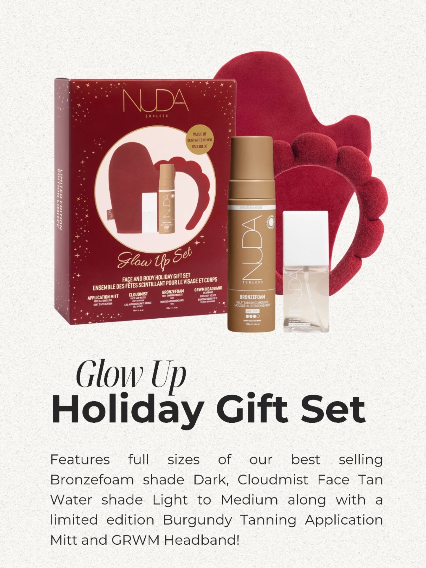 NUDA&rsquo;s cult favourites, all in one set. ✨ 

This exclusive set features NUDA's cult favourite sunless essentials: CloudMist Face Tan Water in the shade Light to Medium, BronzeFoam Self-Tanning Mousse Dark for a natural glow and two limited-edit