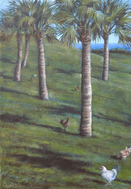 Palms & Chickens - acrylic on canvas, SOLD