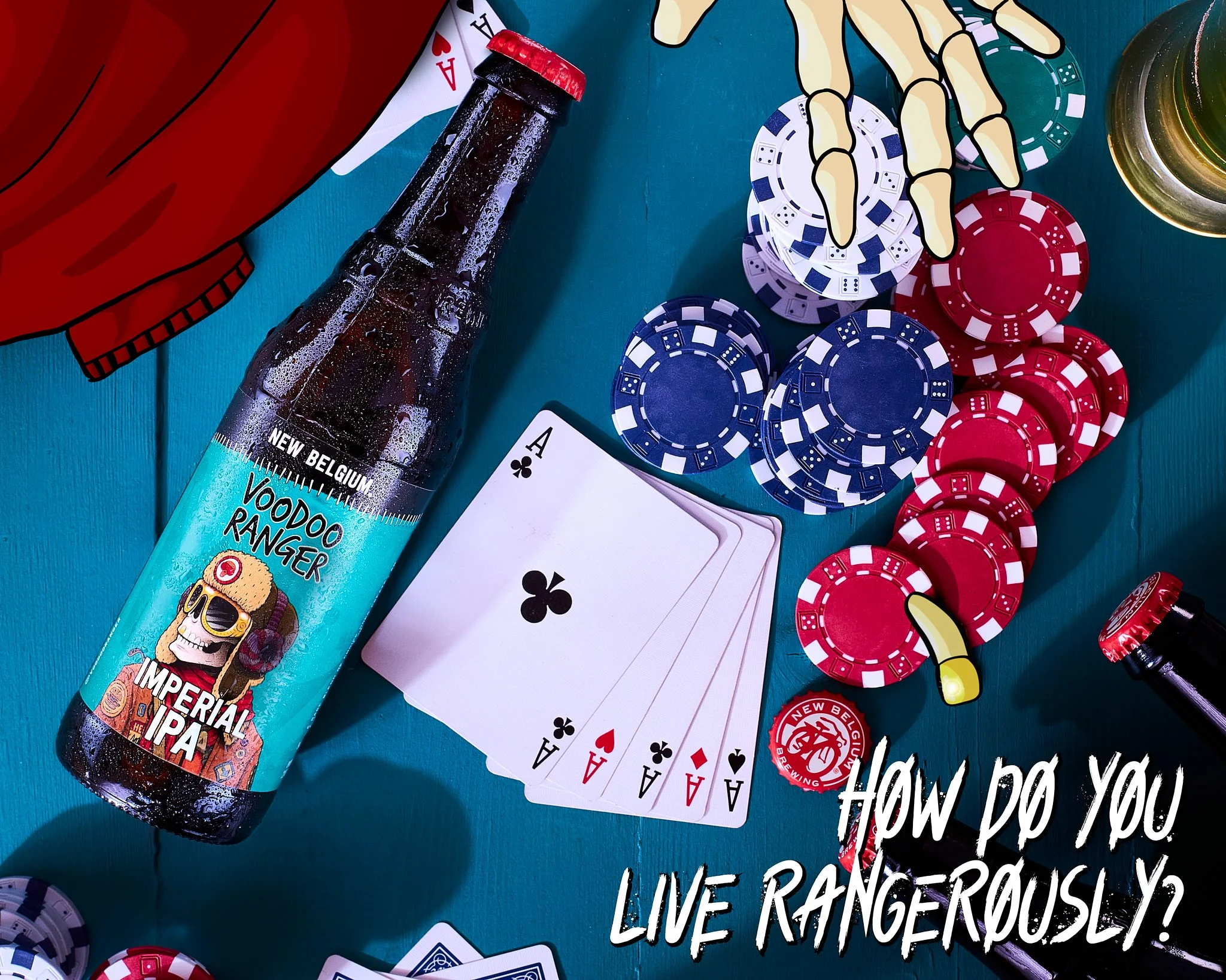 Voodoo Ranger, Live Rangerously, Gambling, Poker Chips, Aces, 4 of a Kind, Skeleton Hand, Digital Illustration, Color Theory, Graphic Imagery 