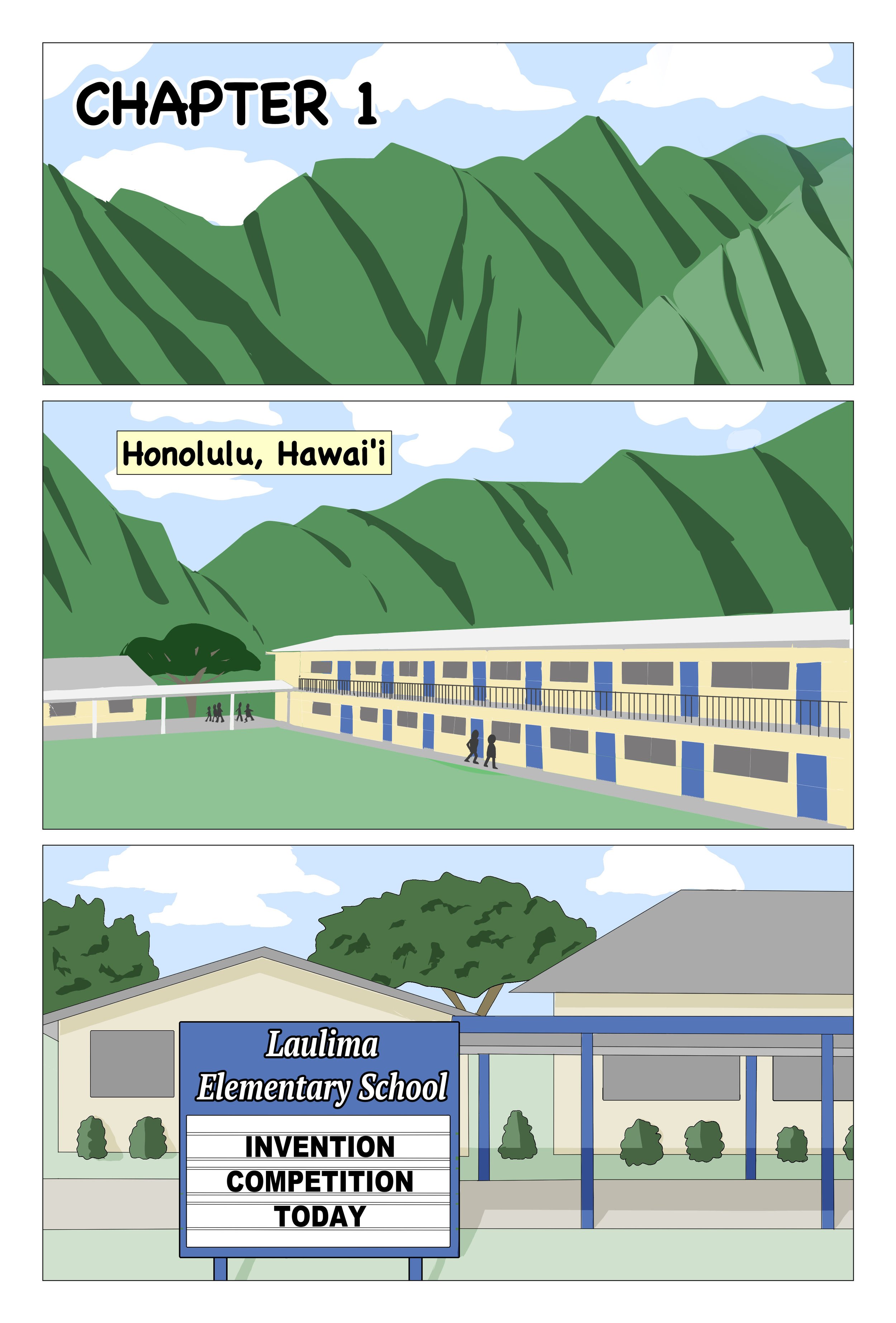 Comic-style illustration of Hawaii with mountains in the background. The second panel shows Honolulu, Hawaii with a school building and students walking outside. The third panel depicts Laulima Elementary School with a sign that reads 'Invention Competition Today'.