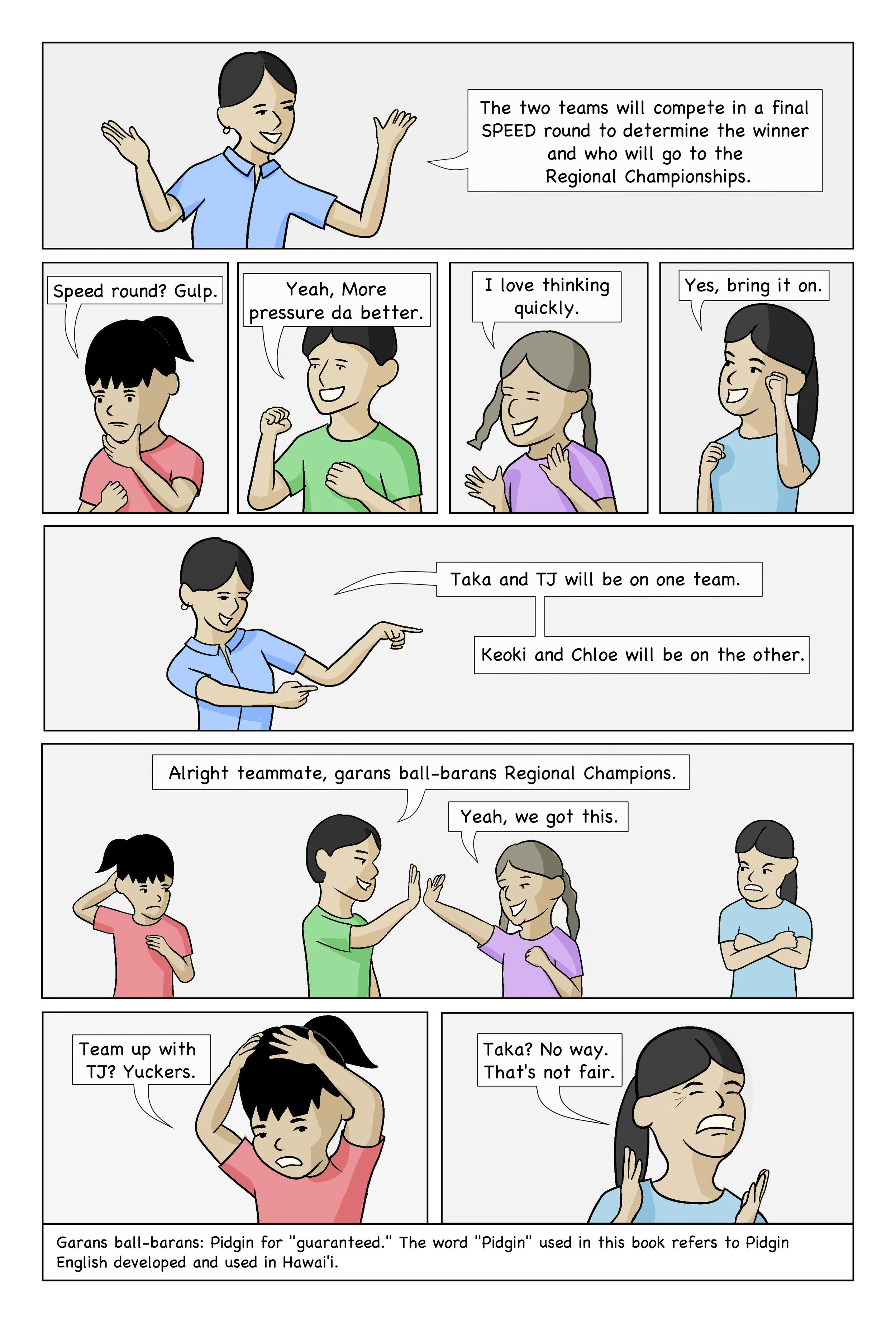Comic strip of children and a coach discussing a speed round for a regional sports championship, showing team assignment and a disagreement about team pairings.