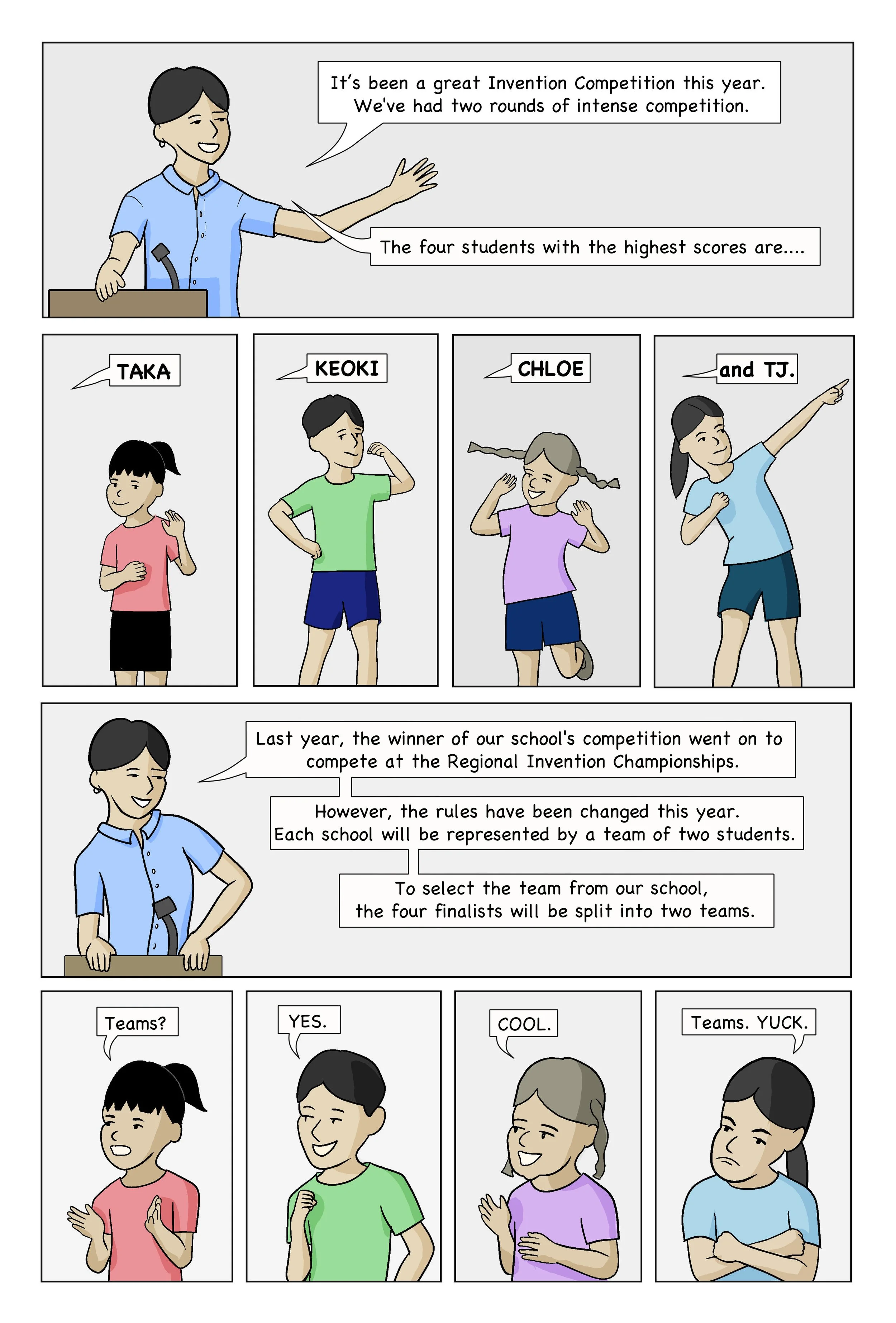A comic strip illustration of a teacher discussing a school invention competition and team selection process, featuring four student characters with distinct appearances and expressions.